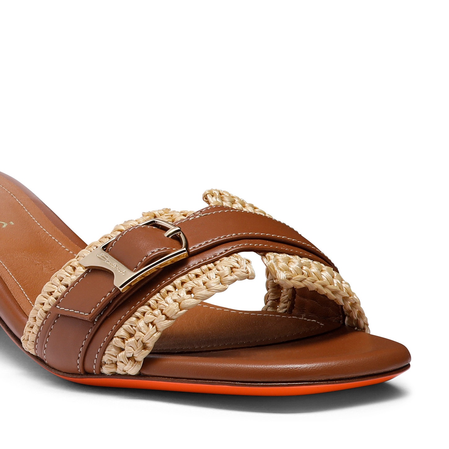 Women's light brown leather and raffia sandal - 5