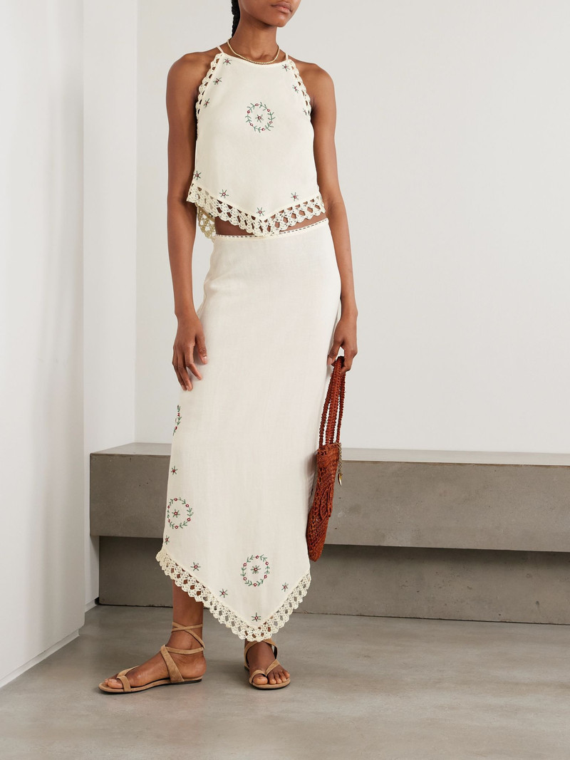 RIXO Imola crochet-trimmed embroidered linen-blend midi skirt Cream outlook