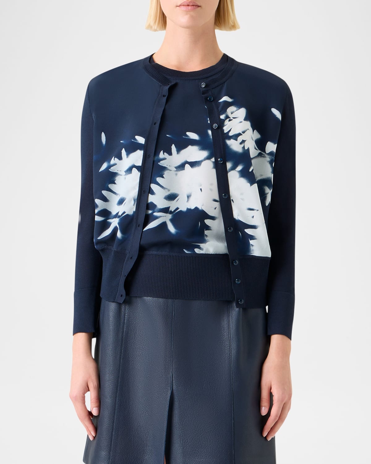 Wildflower-Print Silk Panel Crewneck Cardigan - 4