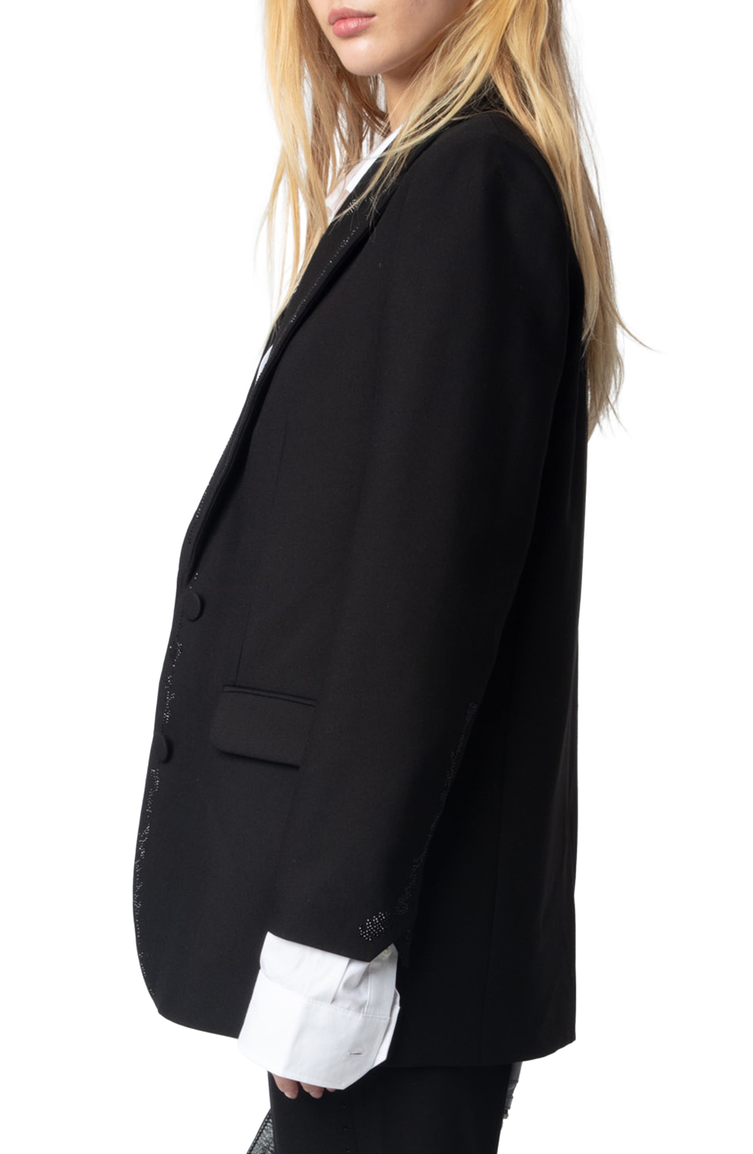 Zadig & Voltaire Viva Crystal Embellished Single Breasted Stretch Crepe Blazer in Black at Nordstrom - 3
