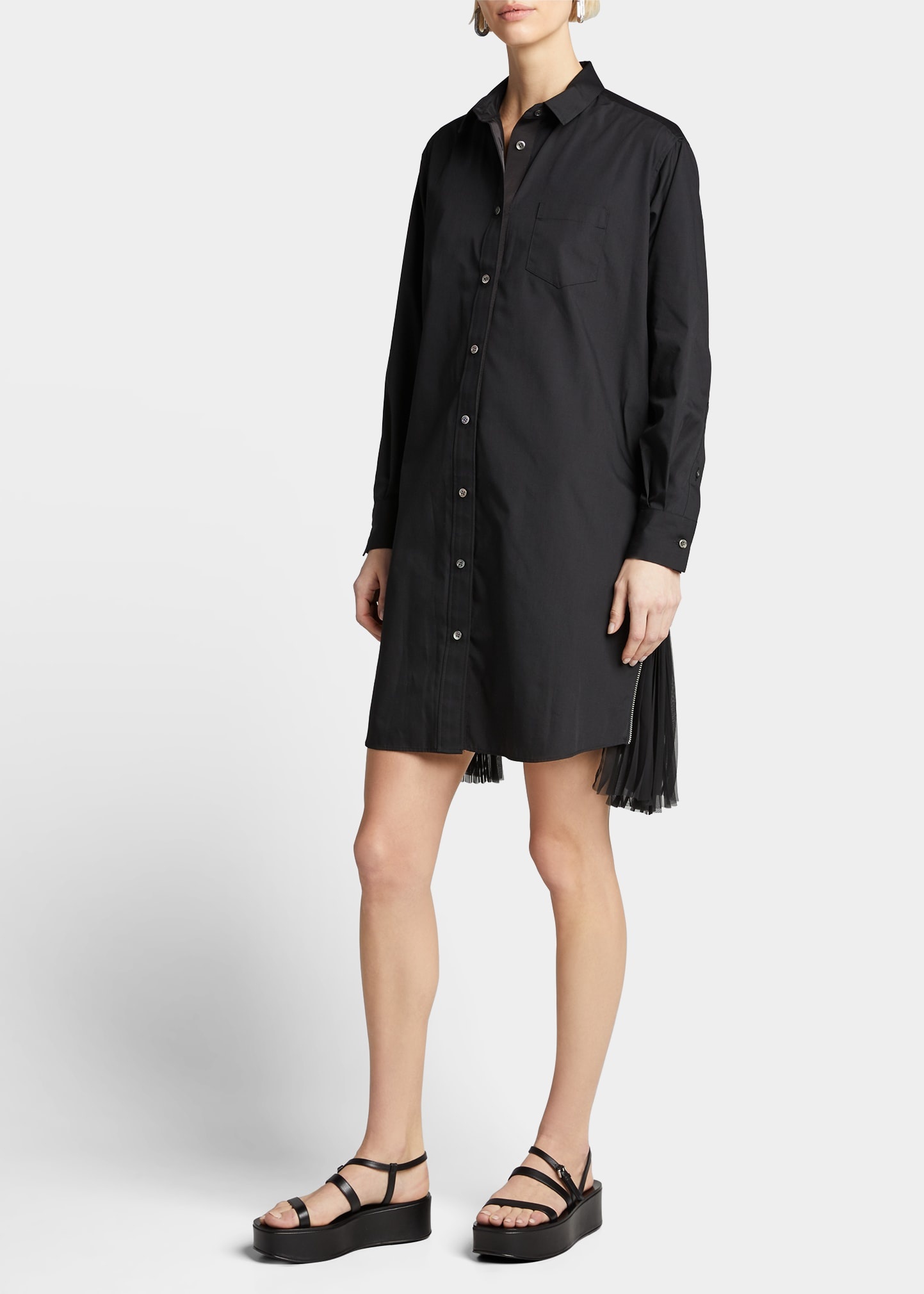 Pleated-Side Long Button-Front Shirtdress - 3