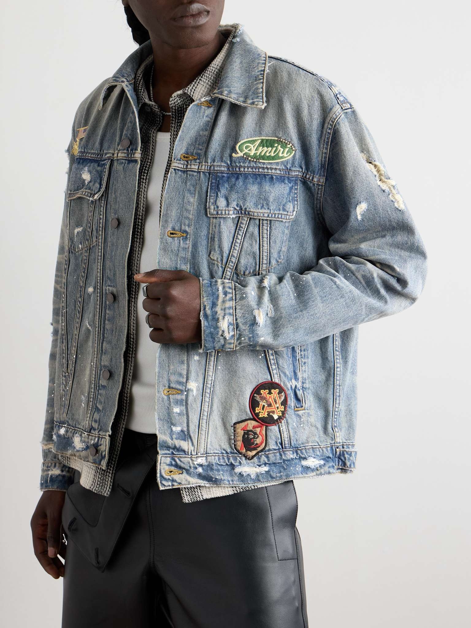 Vintage Pegasus Embellished Distressed Paint-Splattered Denim Trucker Jacket - 3