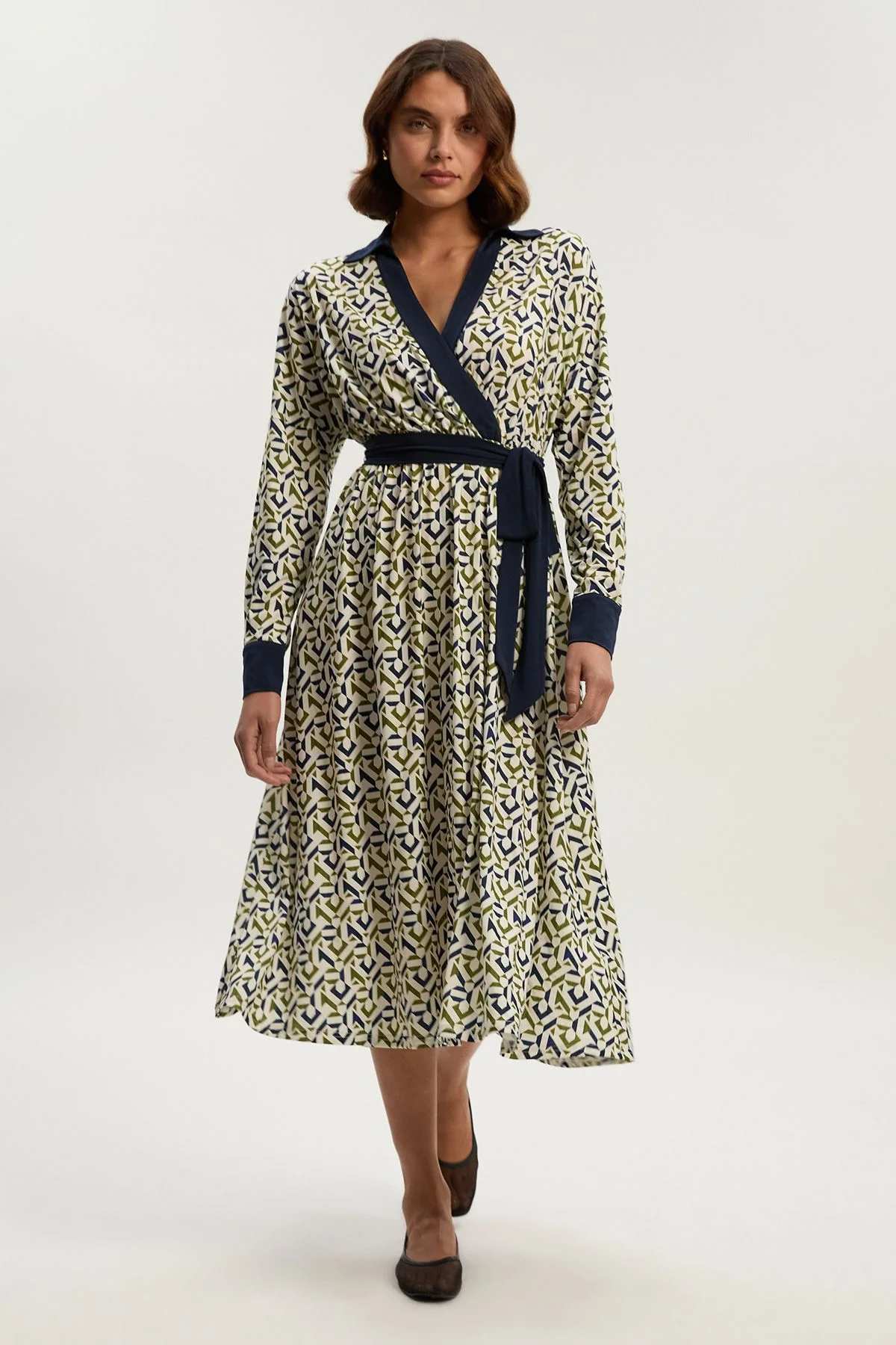 Geo Print Crepe Tie Waist Maxi Dress - 1