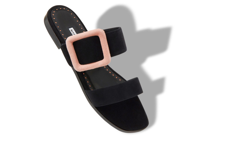 Manolo Blahnik Black and Light Beige Suede Buckle Flat Mules outlook