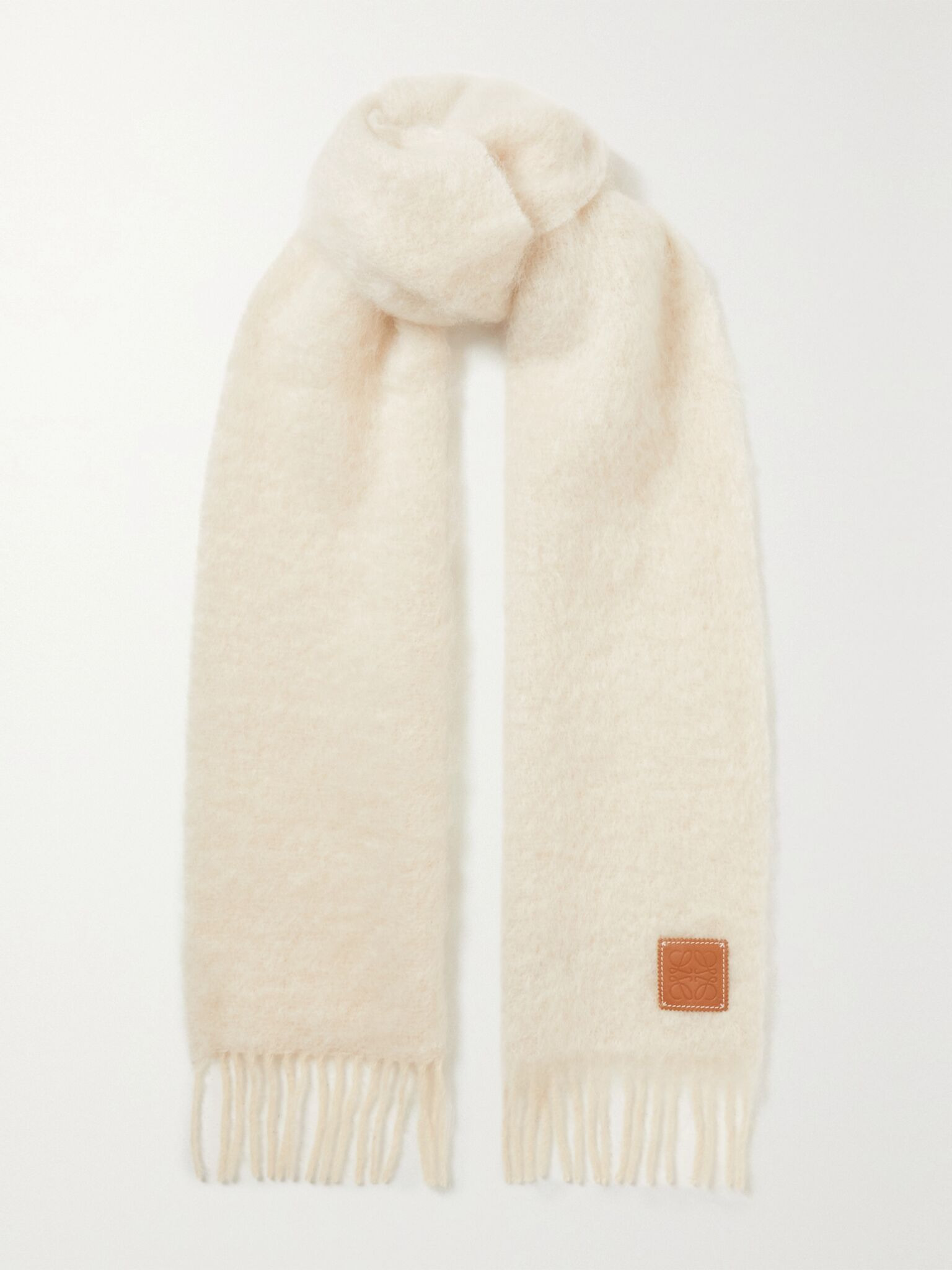 Leather-trimmed fringed mohair-blend scarf Ecru - 1