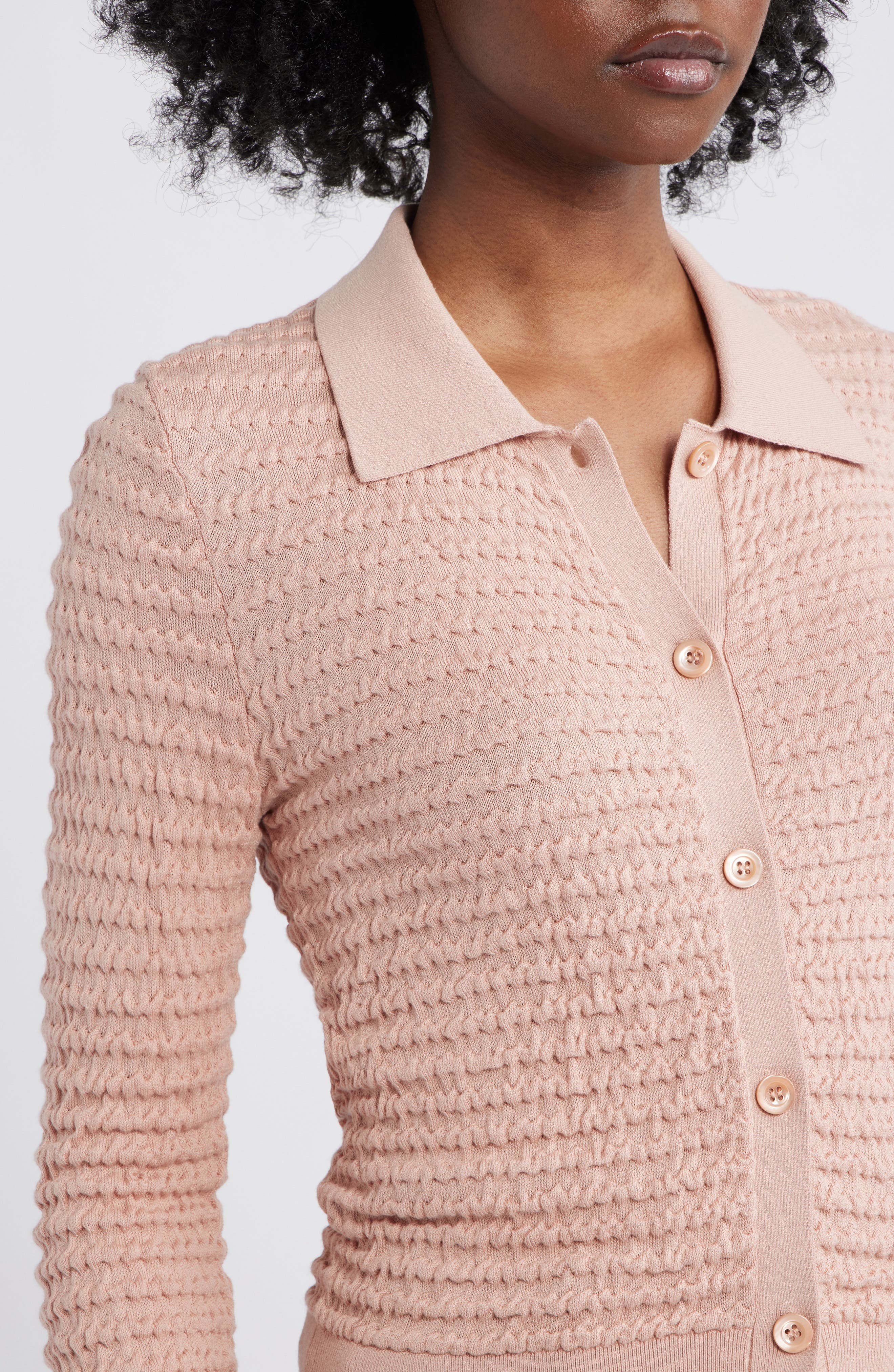 FRAME The Smocked Silk & Cotton Cardigan in Light Pink at Nordstrom - 4