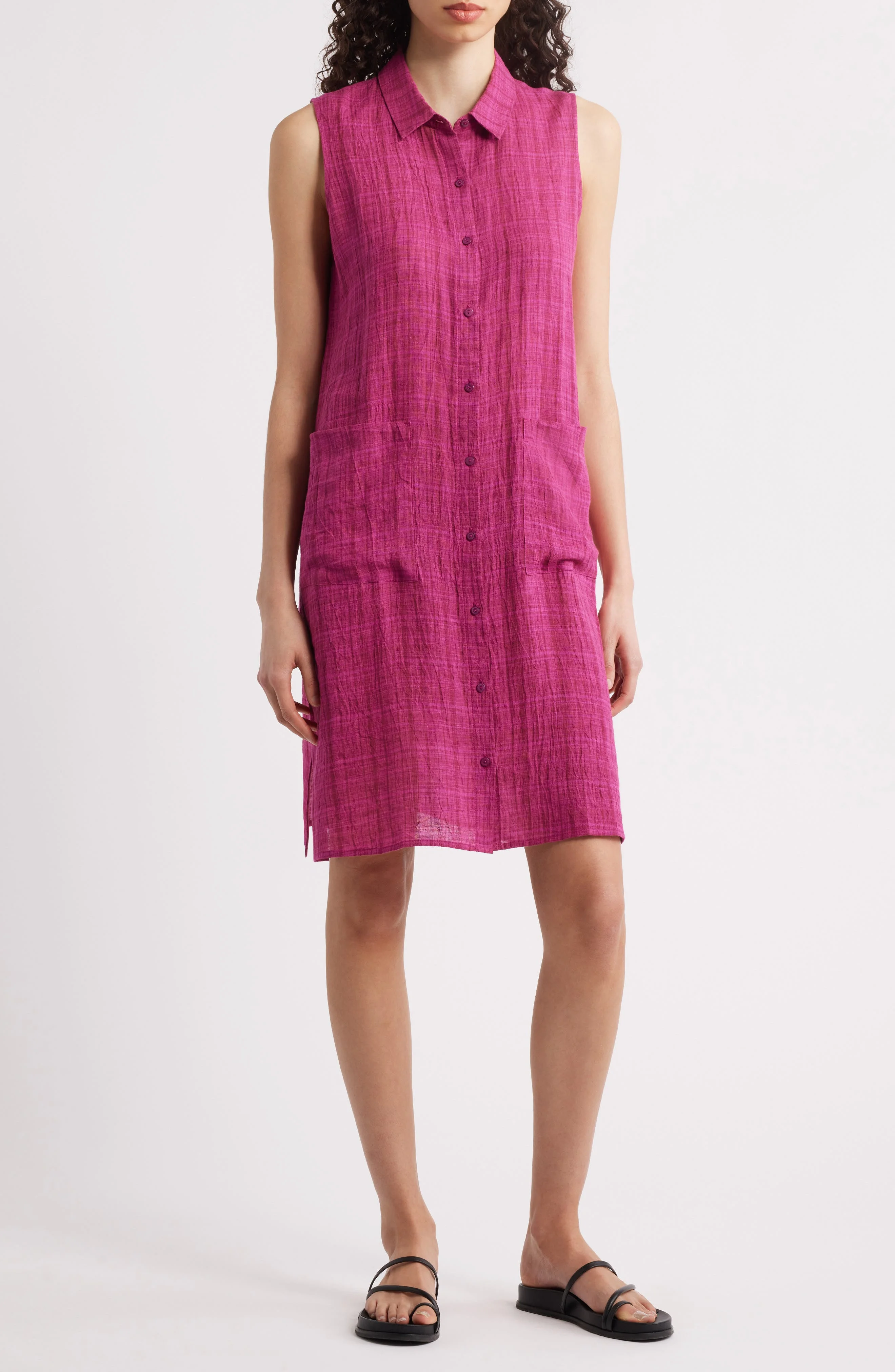 Eileen Fisher Plaid Sleeveless Organic Linen Shift Dress in Sangria at Nordstrom - 1