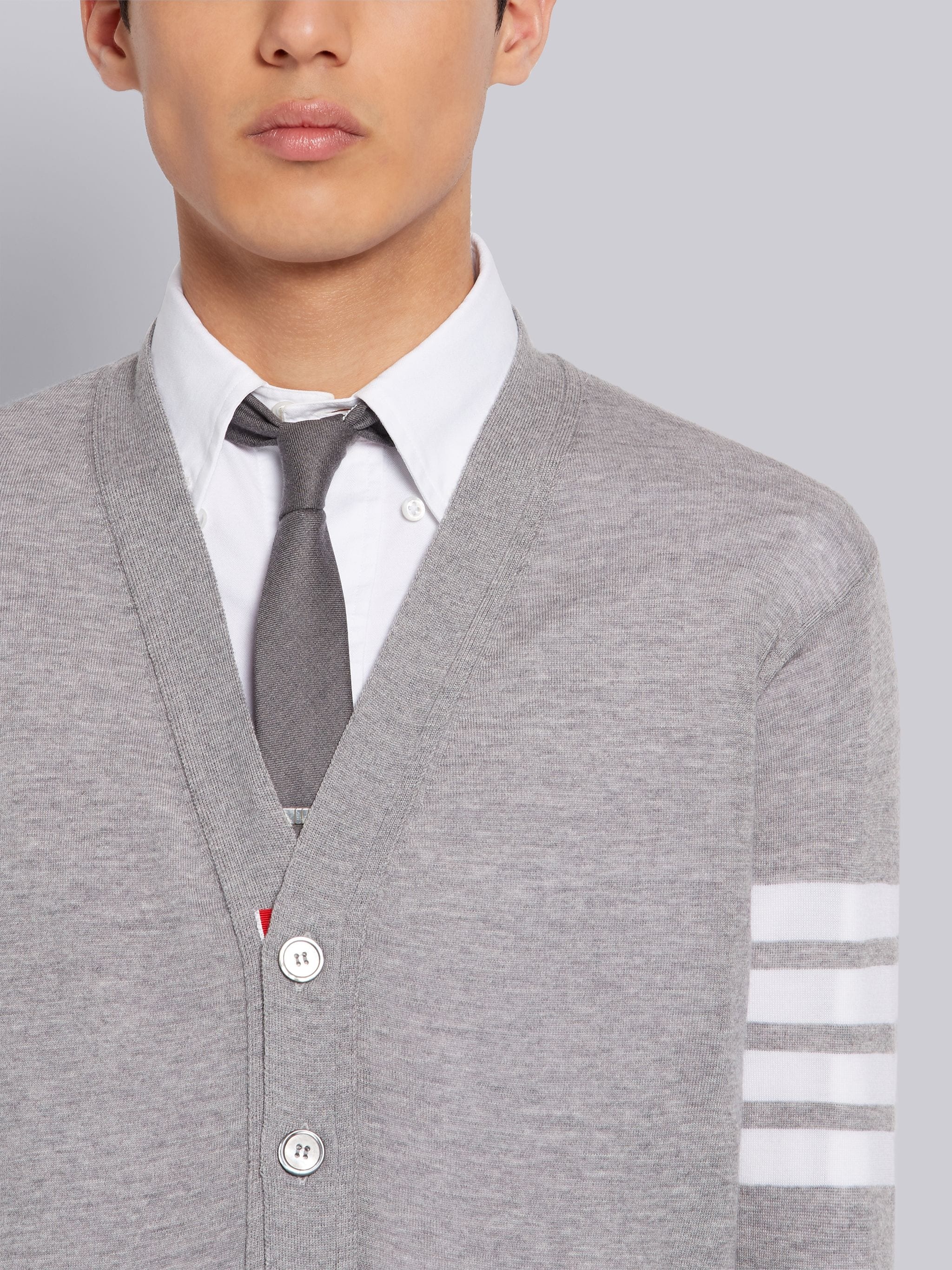 Light Grey Fine Merino Wool V-Neck 4-Bar Cardigan - 5