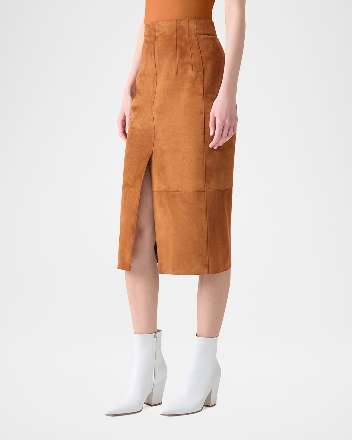 Lamb Suede Slit Midi Pencil Skirt - 4