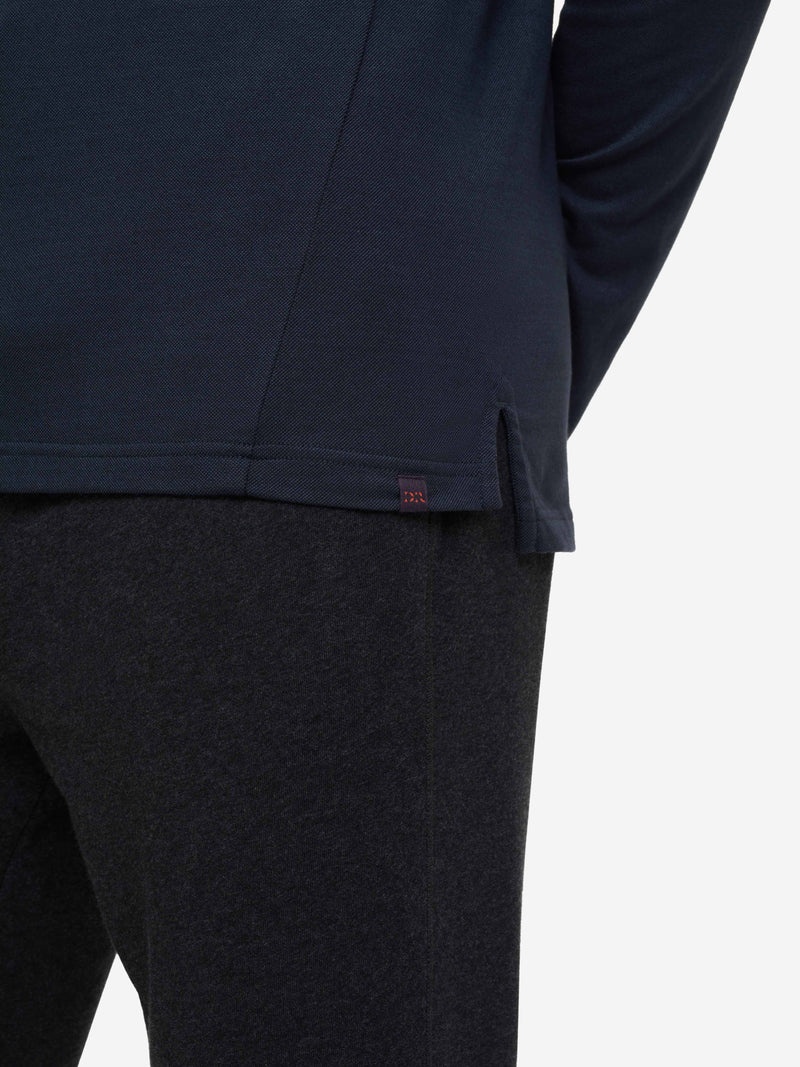 Men's Long Sleeve Polo Shirt Ramsay Pique Cotton Tencel Navy - 7