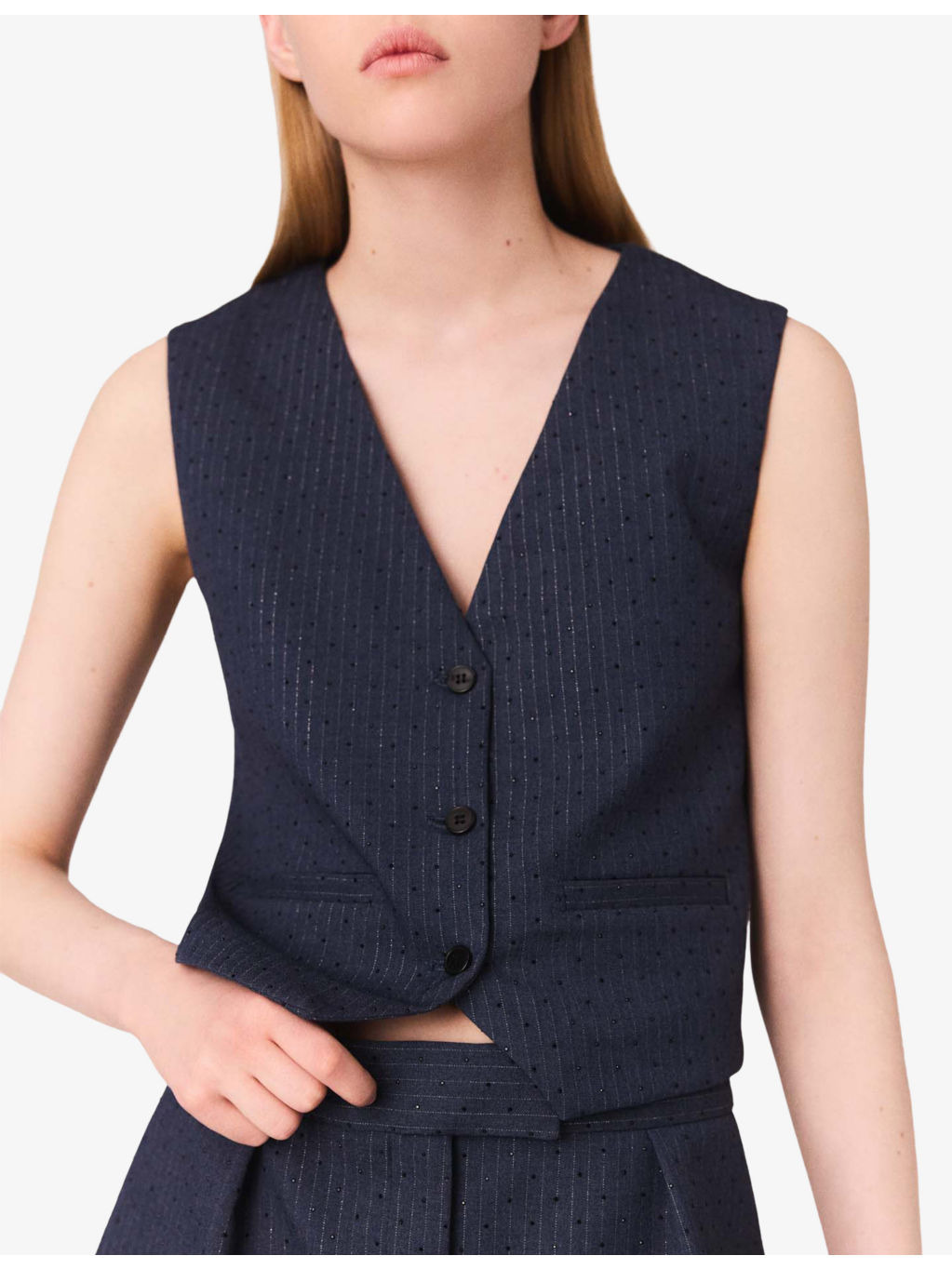 Rhinestone-Embellished V-Neck Stretch-Woven Waistcoat - 5