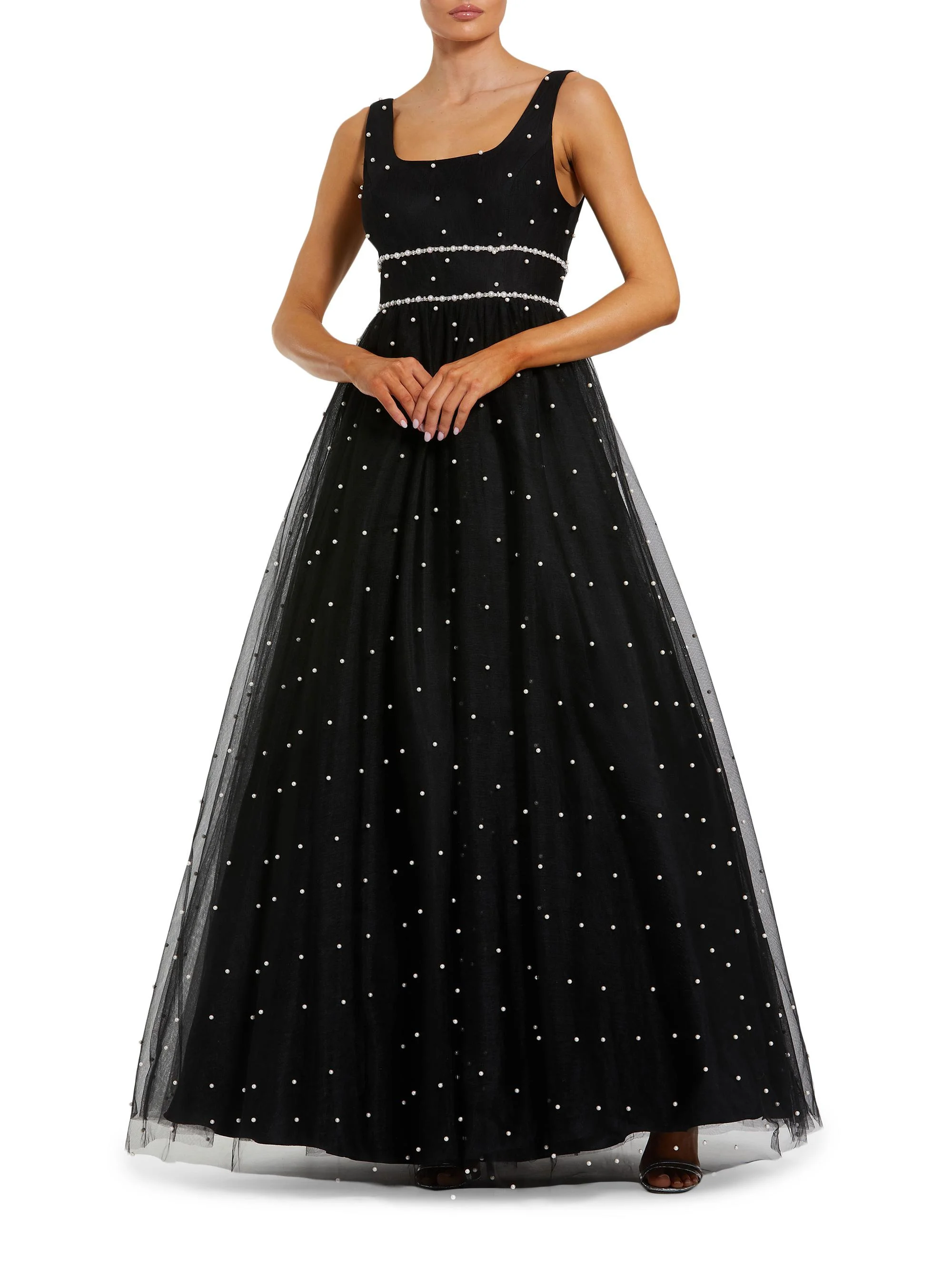 Women's Embellished Tulle Sleeveless Gown - Black Ivory - 1