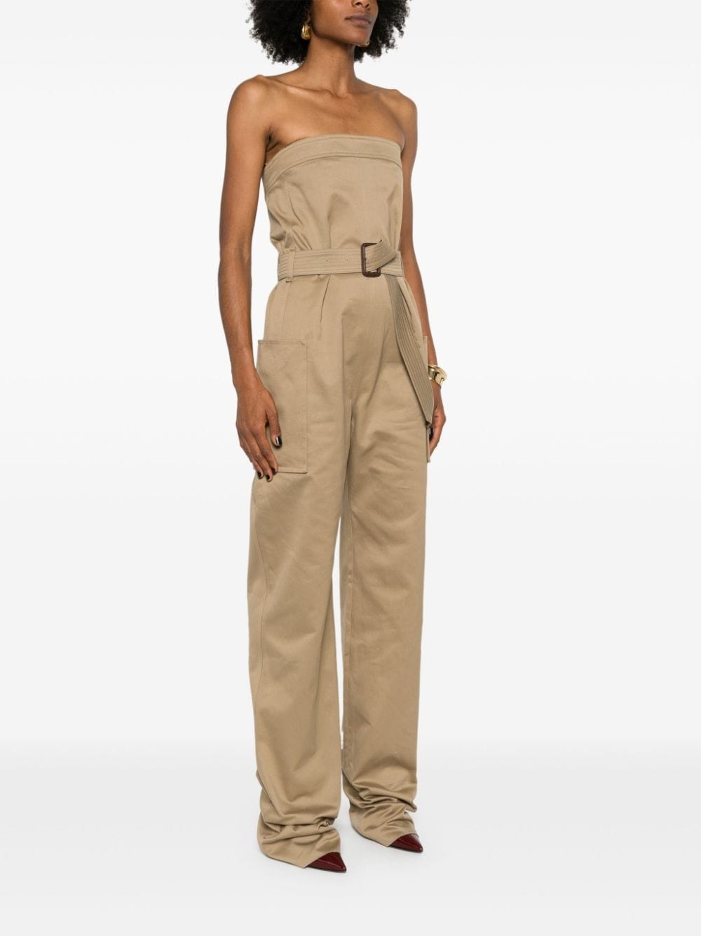 strapless belted cotton jumpsuit - 3