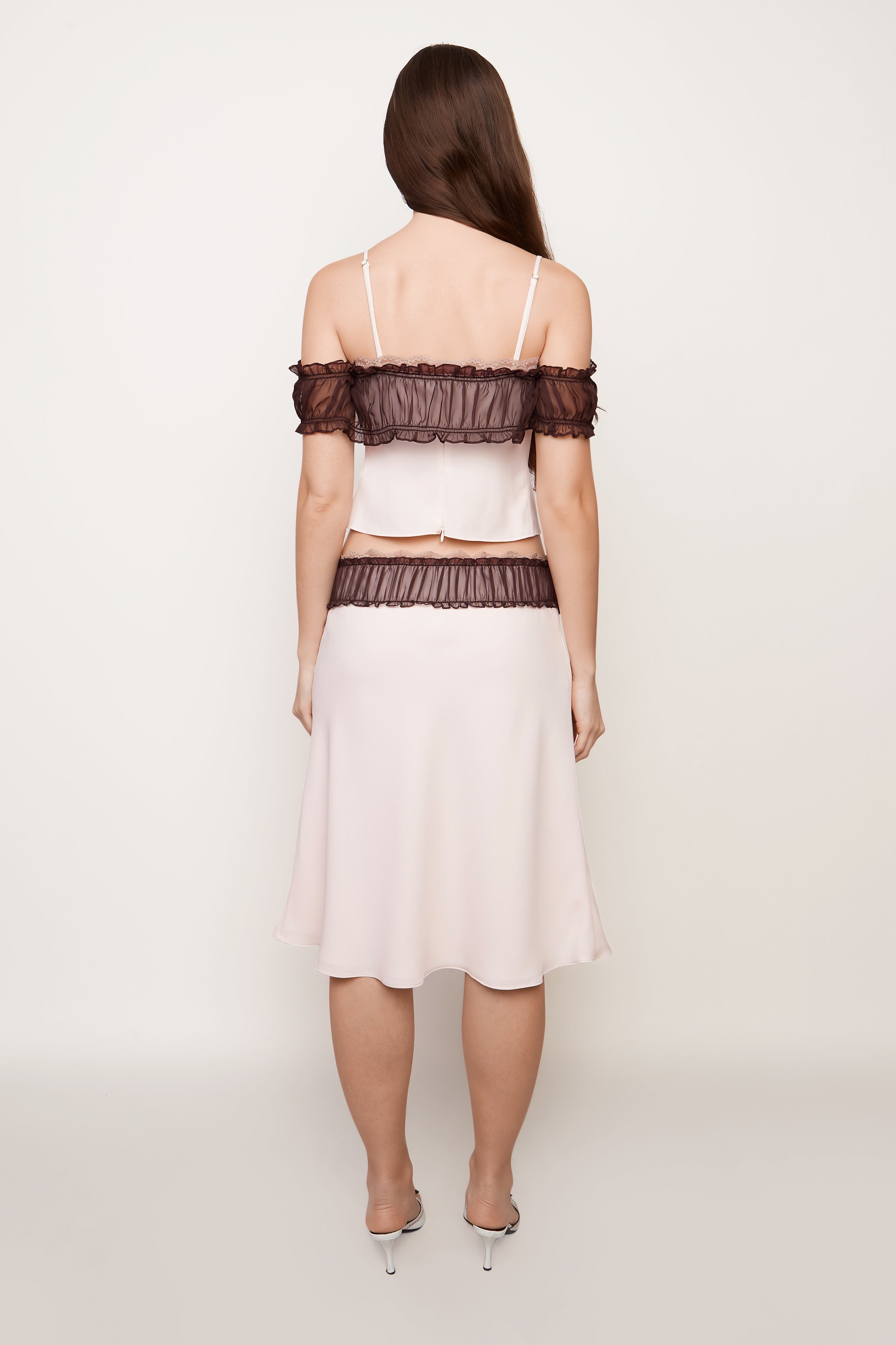 RUCHED CHIFFON LACE MIDI SKIRT - 4