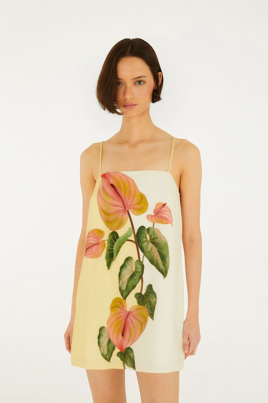 Golden Yellow Anthurium Square Neck Mini Dress - 1