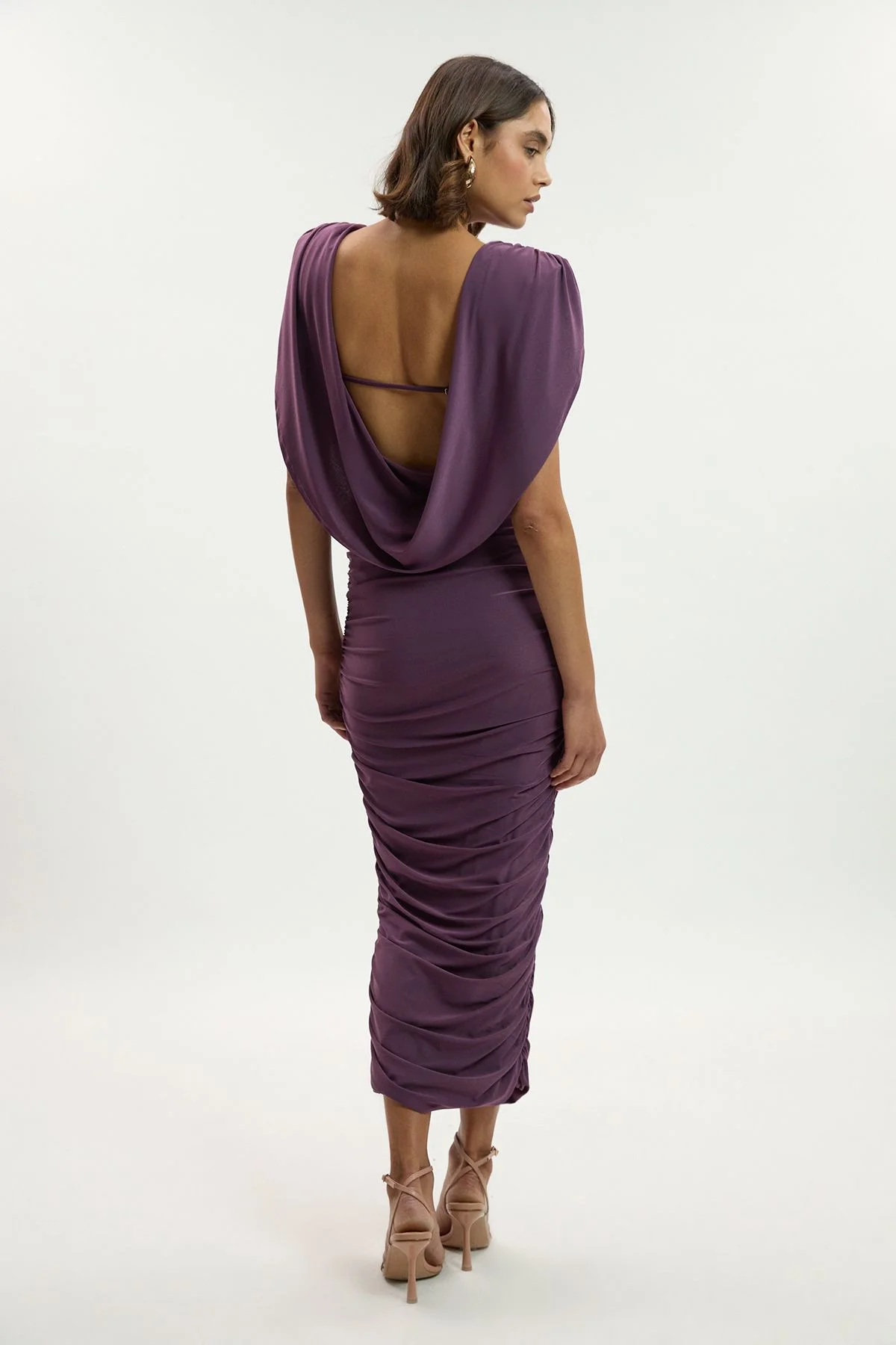 Stretch Drapey Crepe Ruched Plunge Back Detail Midi Dress - 1