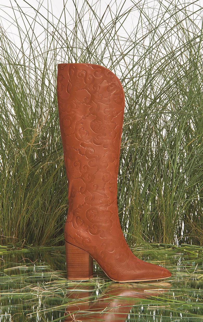 Debossed Knee-High Cora Boots in Cognac Leather - 6