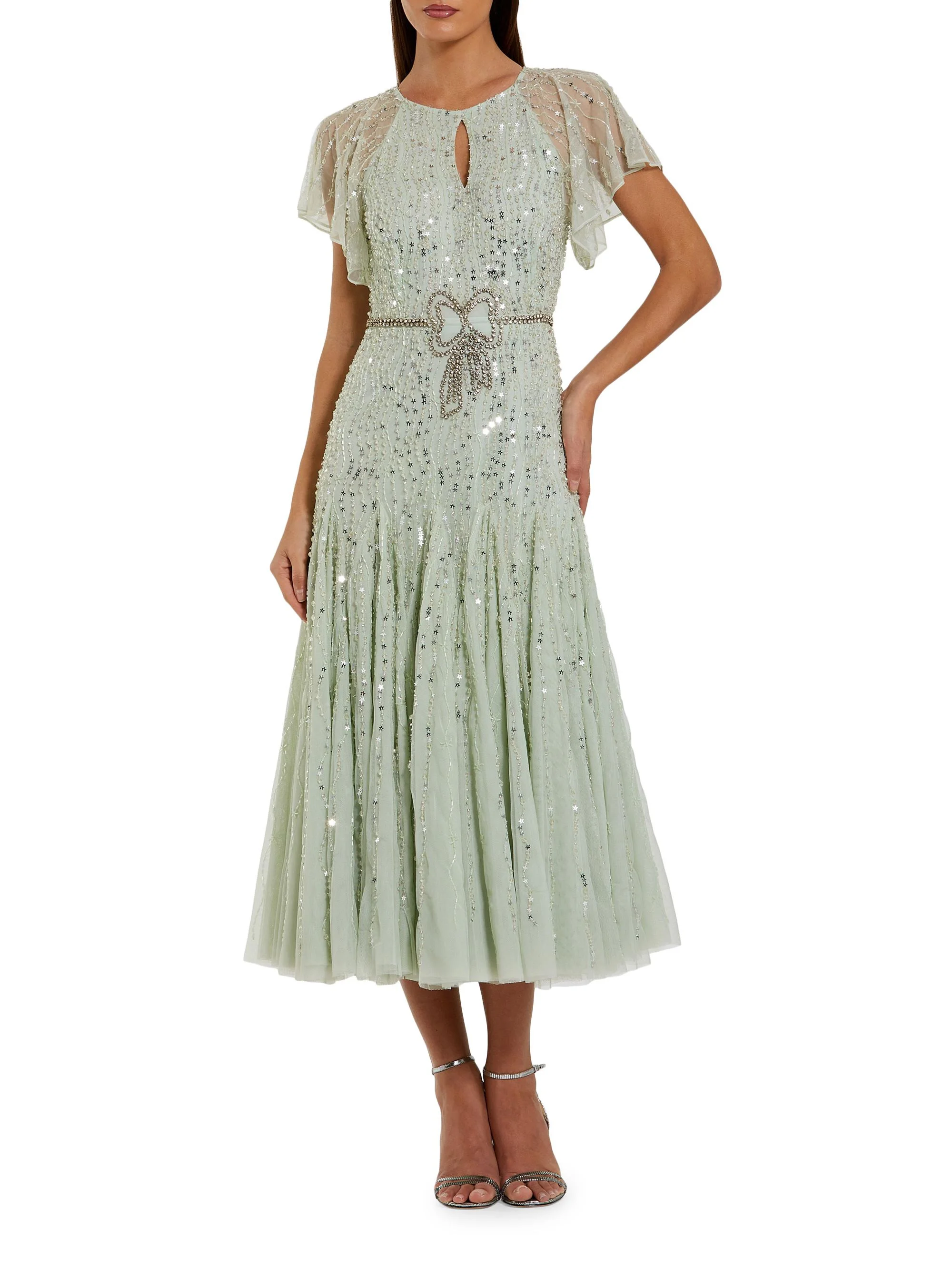 Women's Beaded Mesh Flutter-Sleeve Cocktail Dress - Seafoam - 1