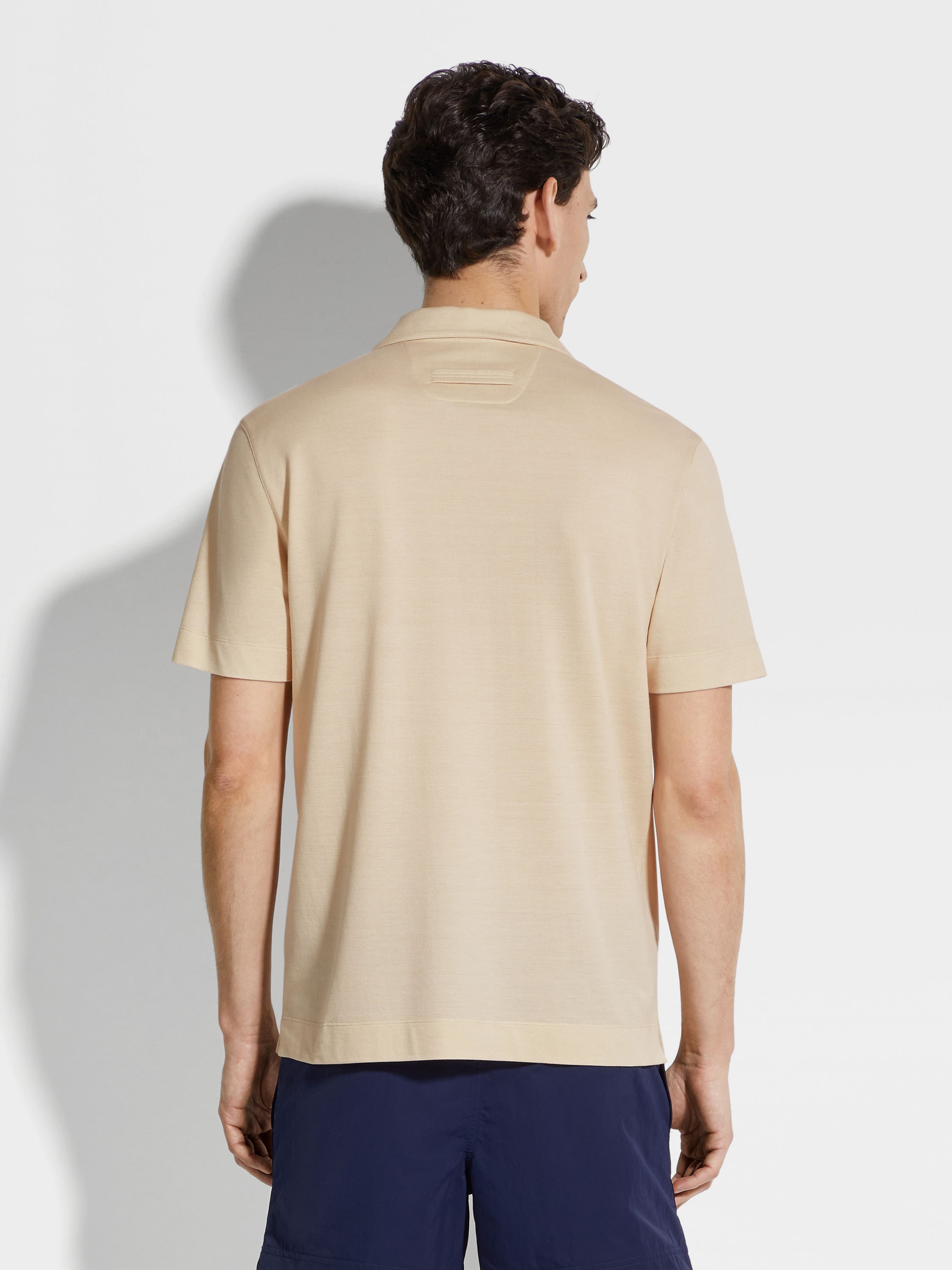 LIGHT BEIGE SILK AND COTTON PIQUET POLO SHIRT - 5