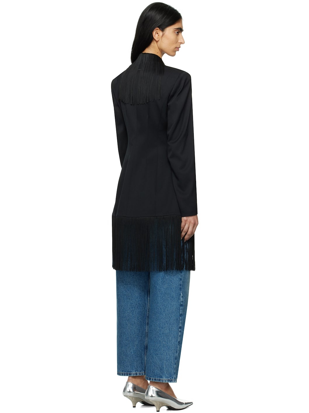 Black Wool Tailoring Fringe Blazer - 3