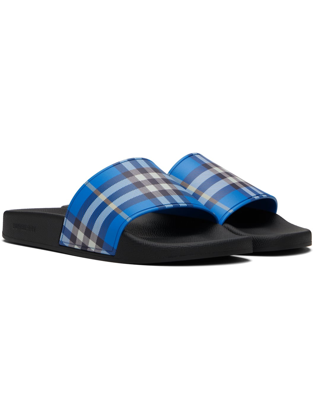 Blue & Black Check Pool Slides - 4