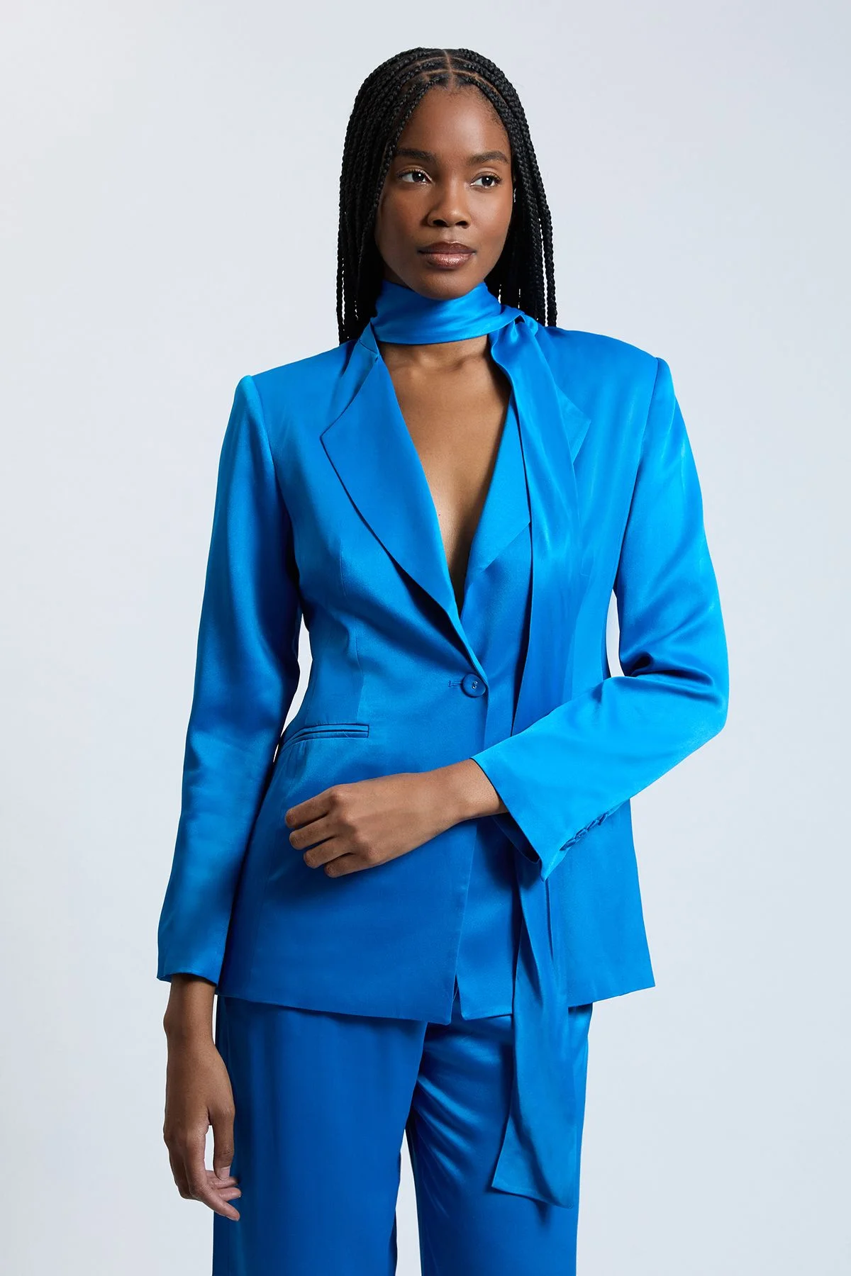 Satin Viscose Tie Neck Blazer - 1