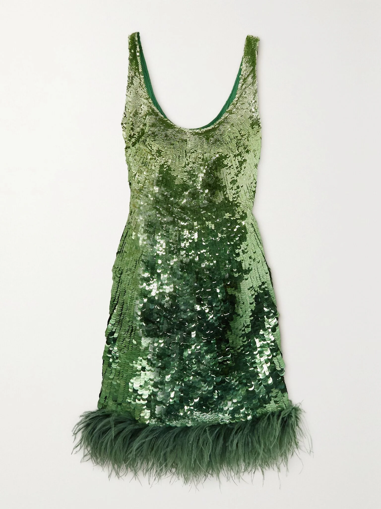 Feather-trimmed sequined satin mini dress Green - 1