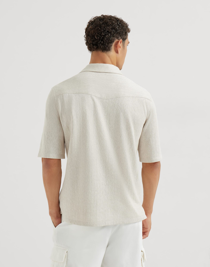 Linen and cotton chevron jersey short sleeve shirt with camp collar 3