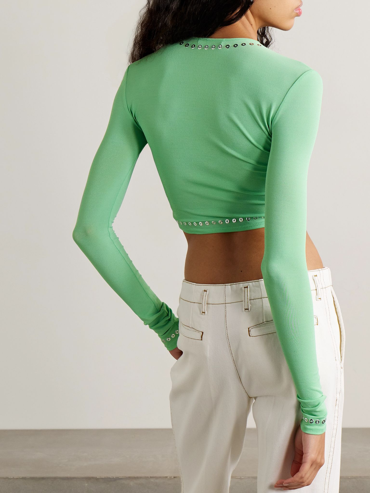 Cropped embellished gathered jersey top Light green - 3