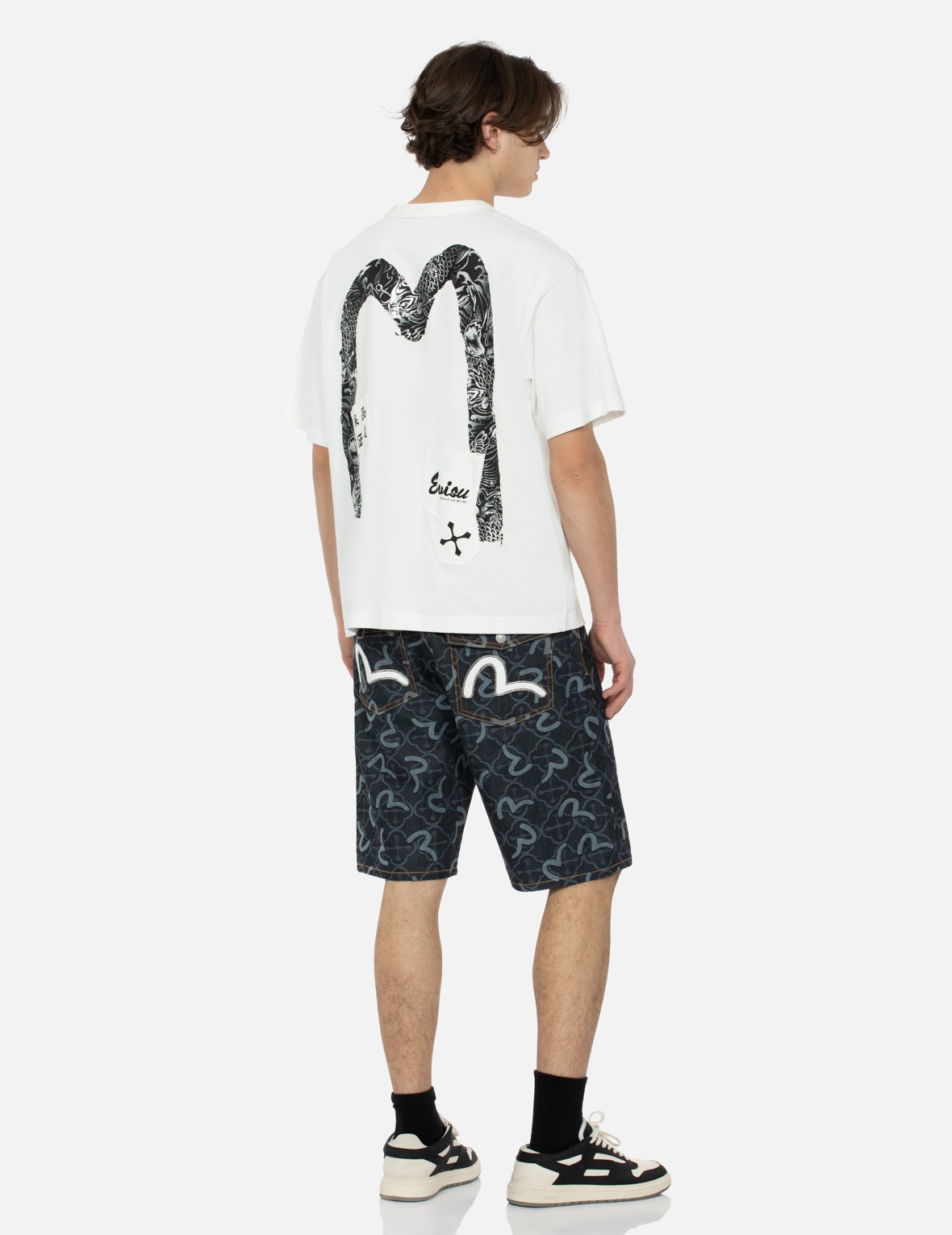 ALLOVER SEAGULL AND KAMON JACQUARD REGULAR FIT DENIM SHORTS - 3