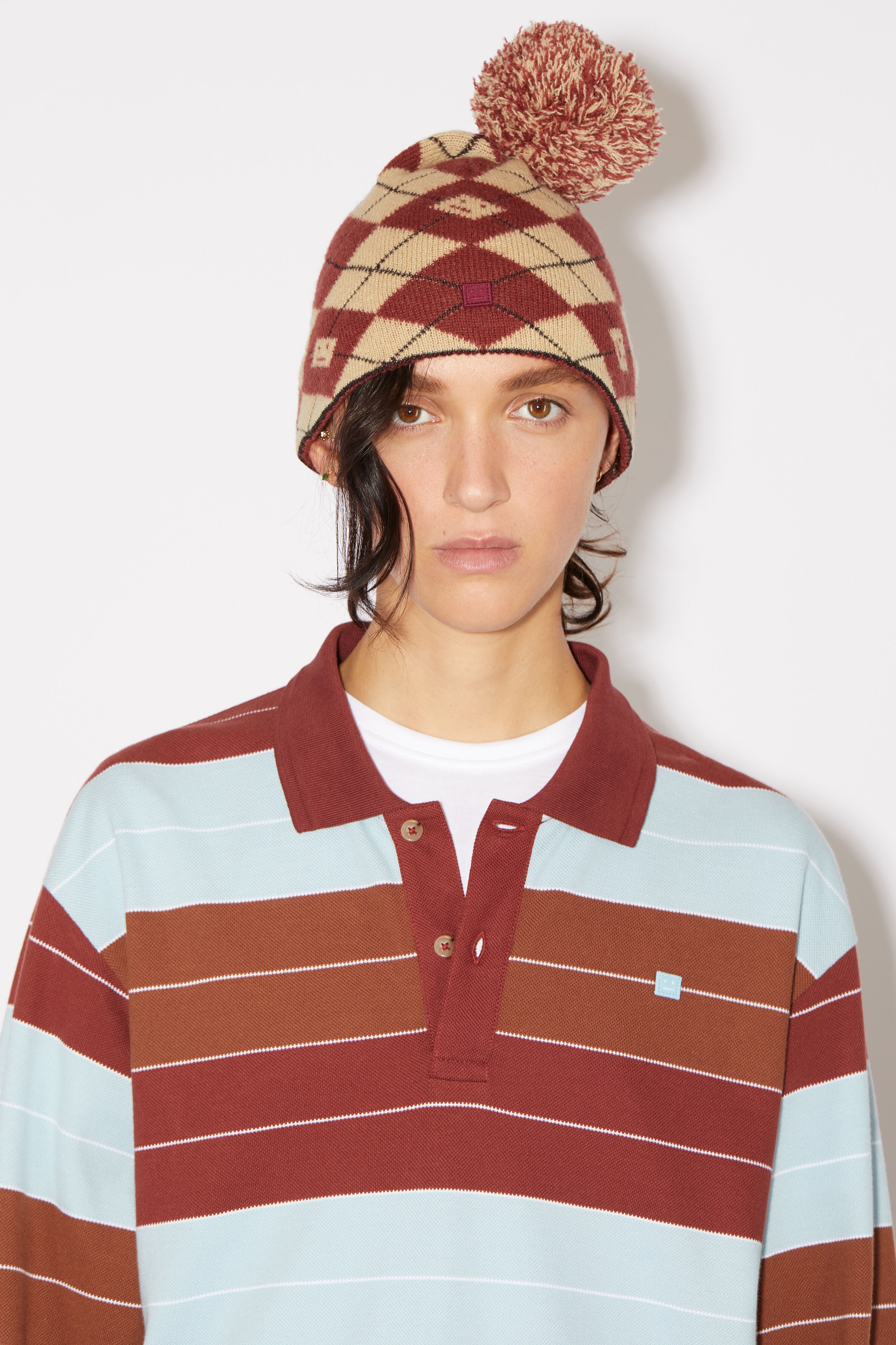 Argyle jacquard beanie - Biscuit beige/deep red - 2