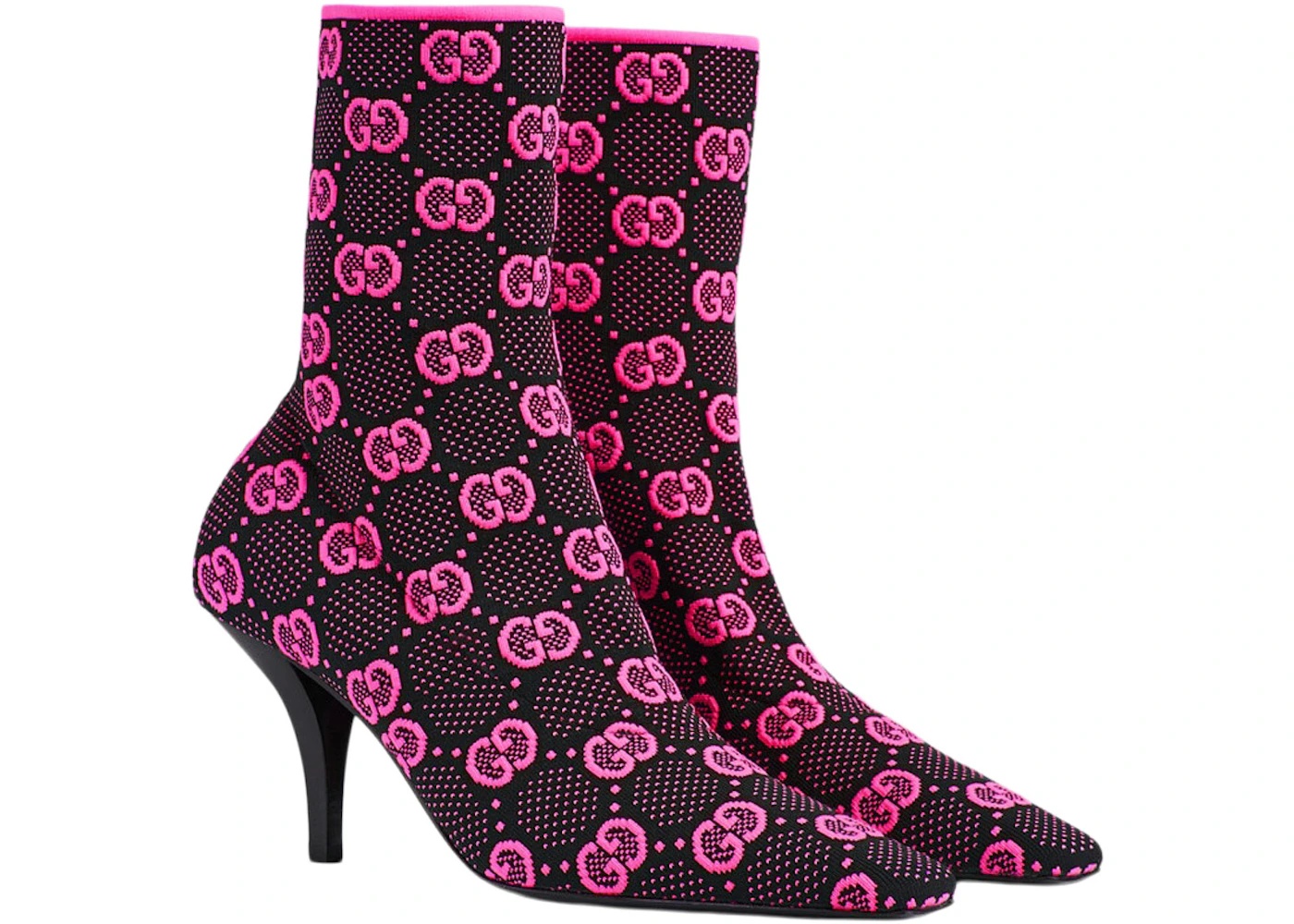 Gucci GG 75mm Knit Ankle Boots Black Fluorescent Pink Fabric - 2