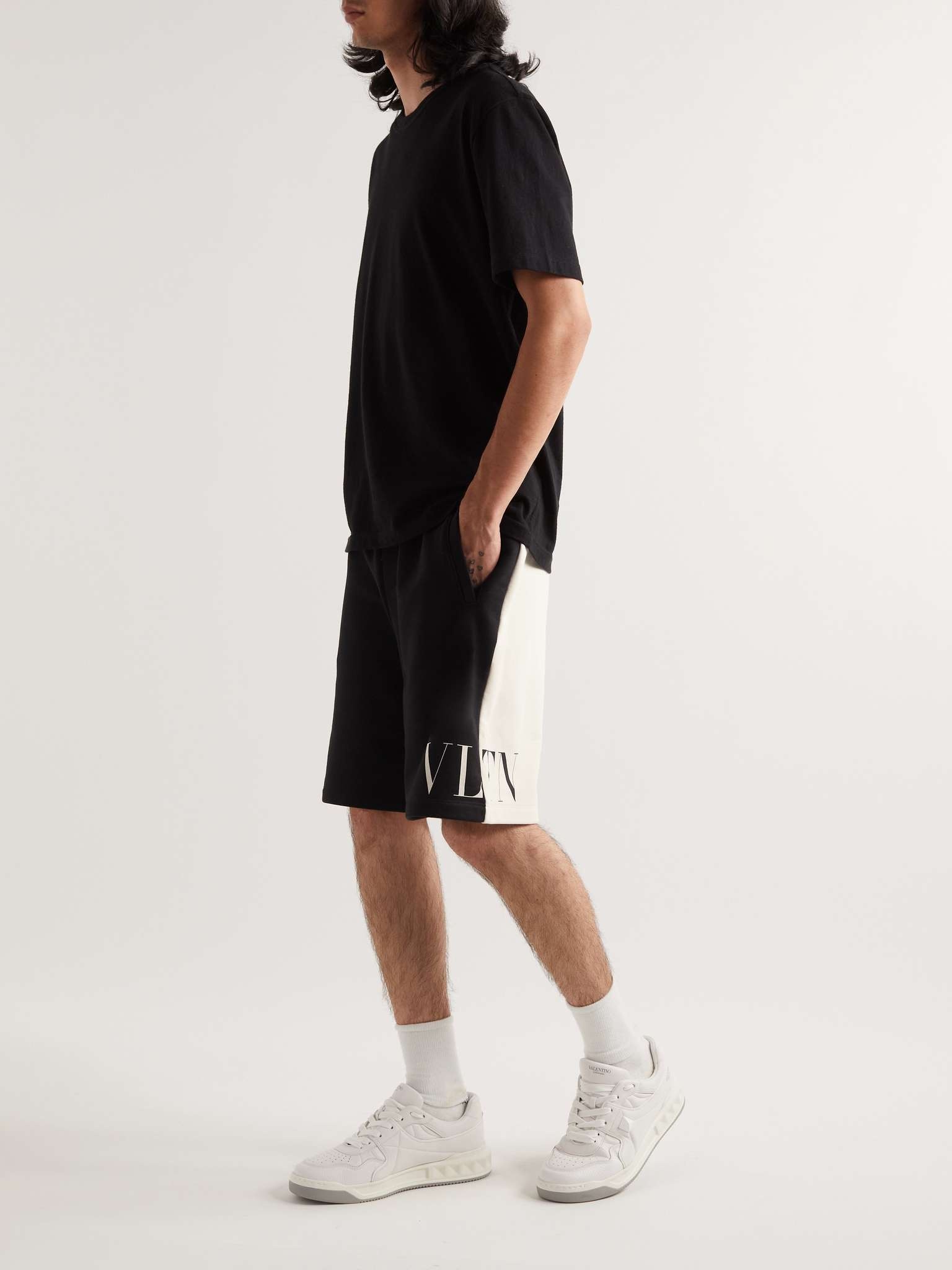 Wide-Leg Logo-Print Colour-Block Cotton-Jersey Drawstring Shorts - 2
