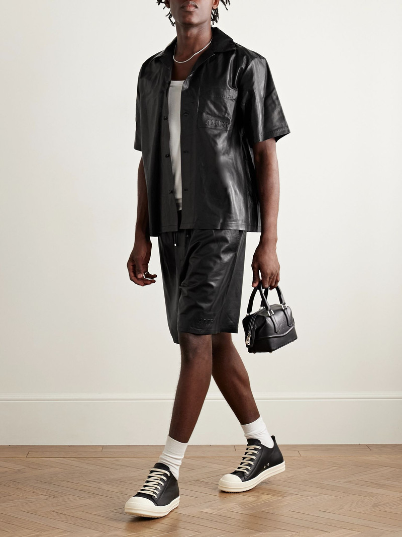 AMIRI Camp-Collar Logo-Embossed Leather Shirt Black outlook