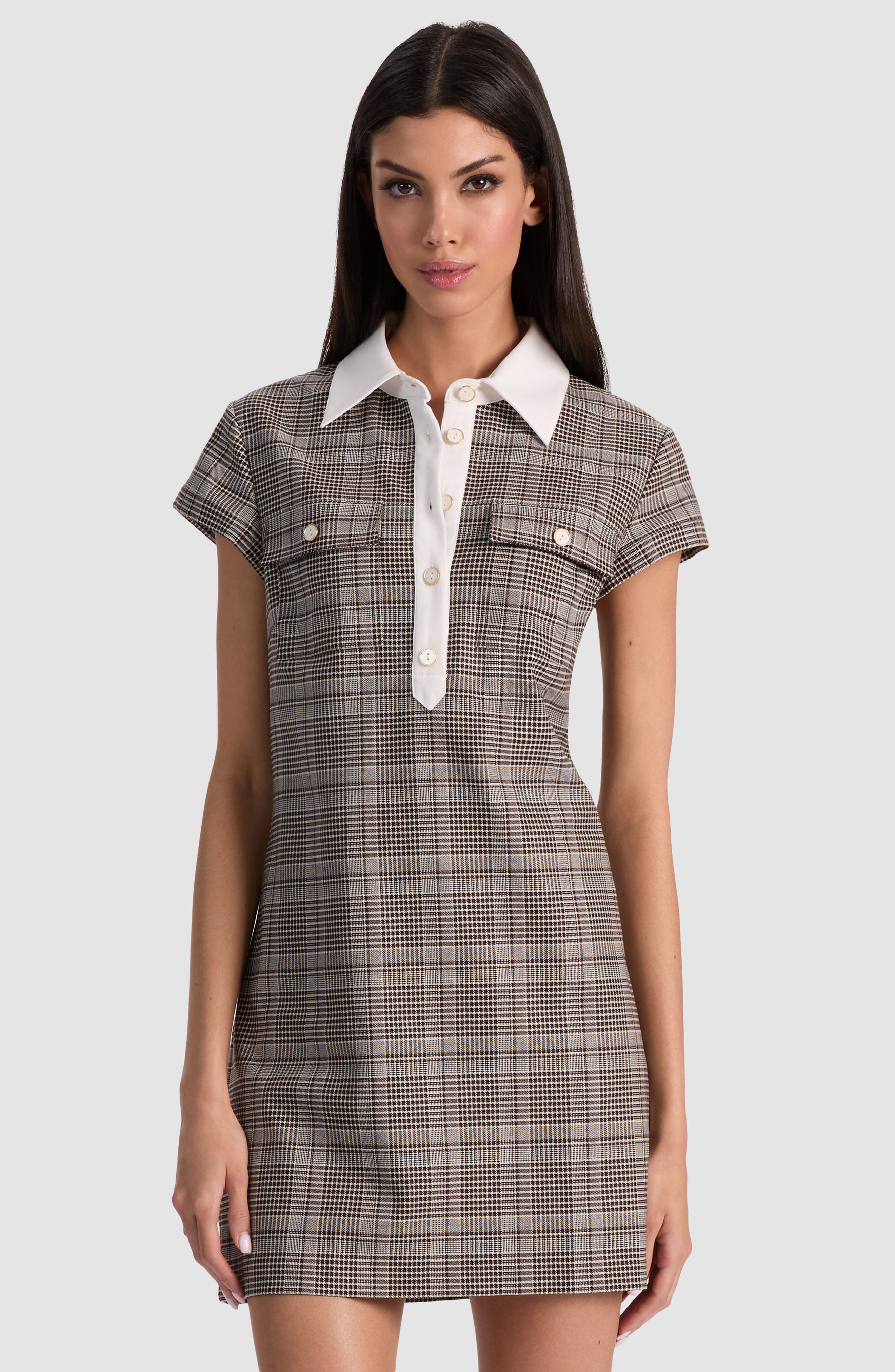 Alice + Olivia Darby Plaid Contrast Detail Minidress in Dark Chocolate/Off White at Nordstrom - 4