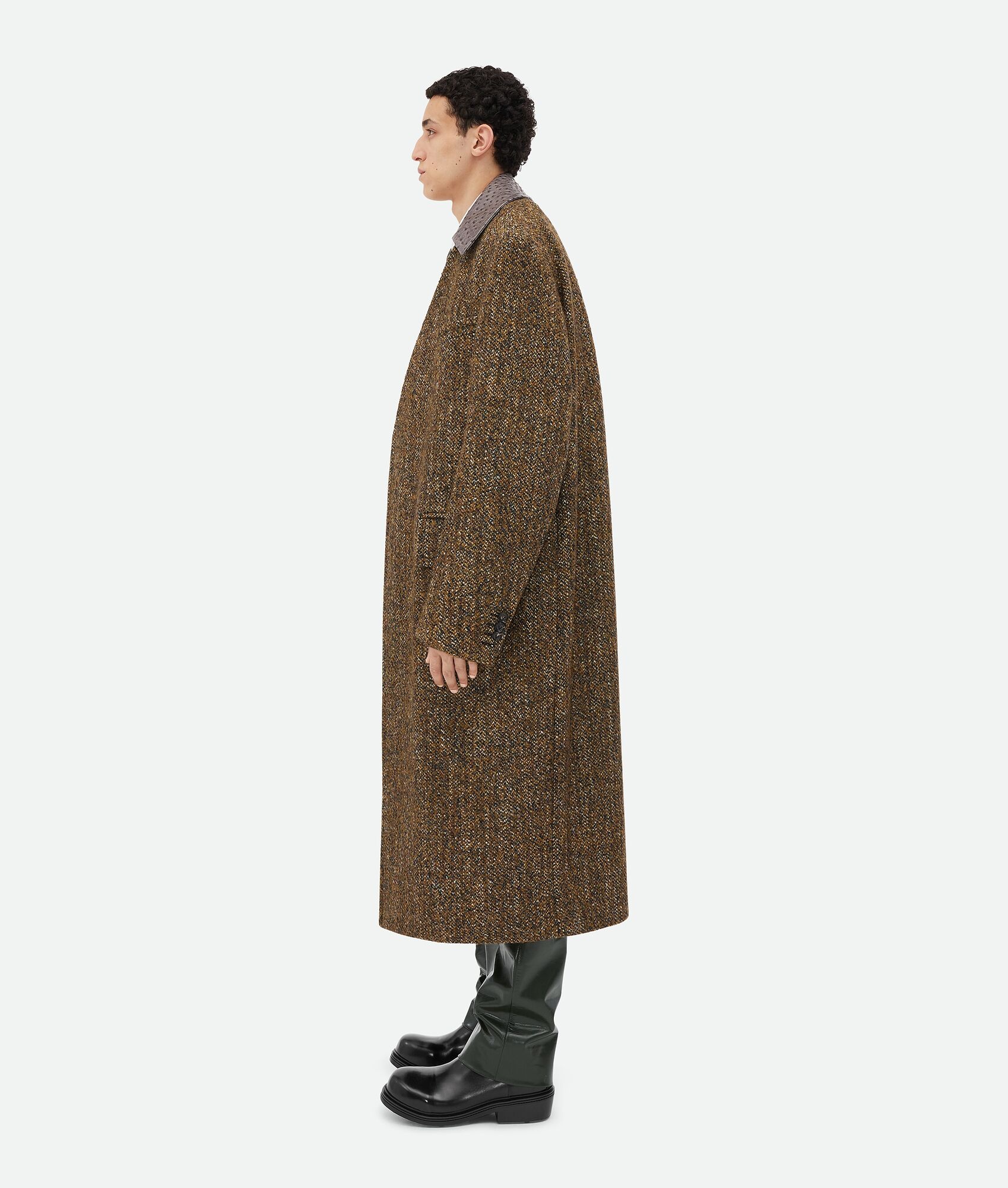 Textured Wool Speckled Coat With Leather Collar - 2