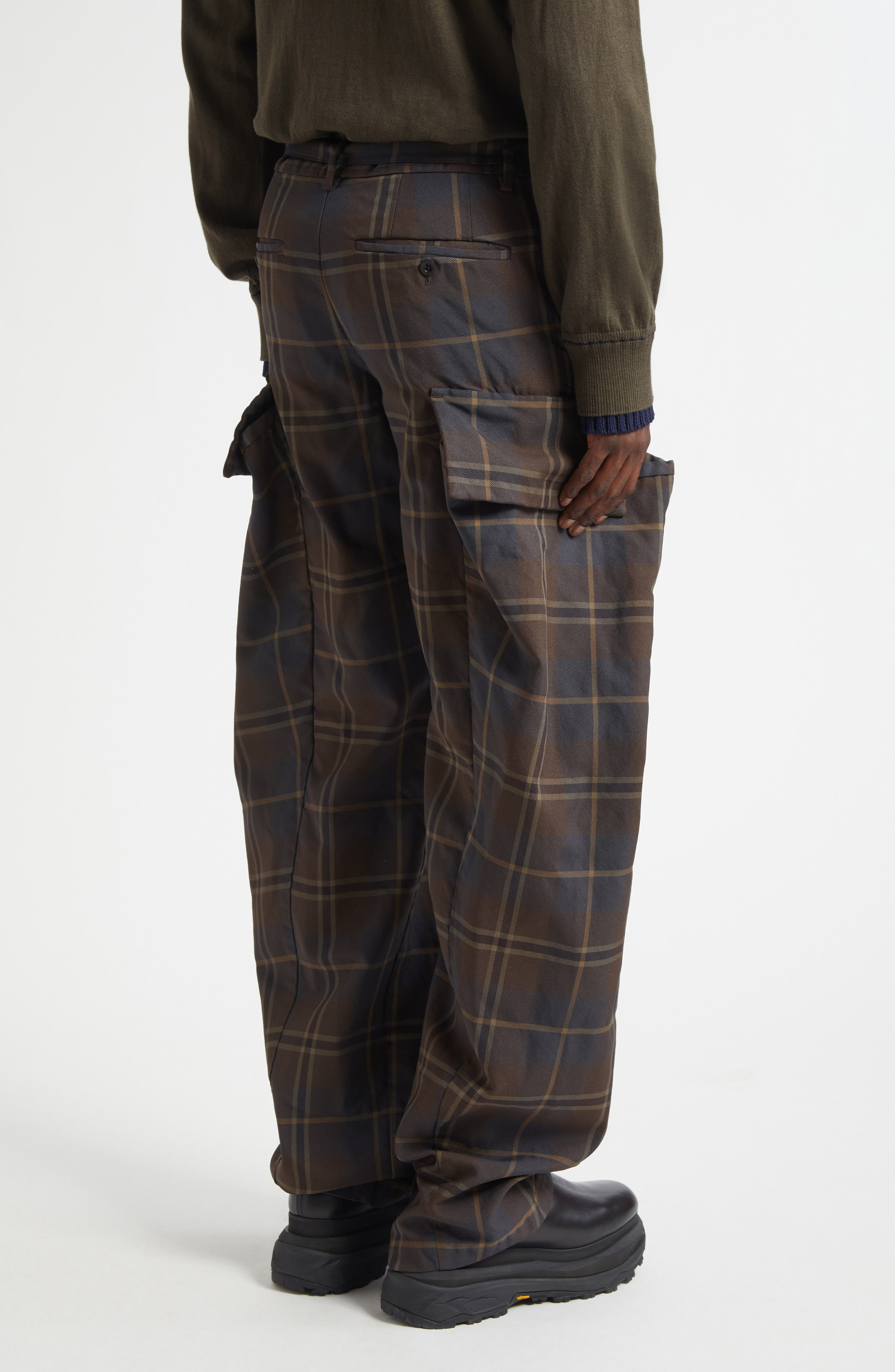 Sacai Belted Plaid Cargo Pants in Brown/Blue at Nordstrom - 3