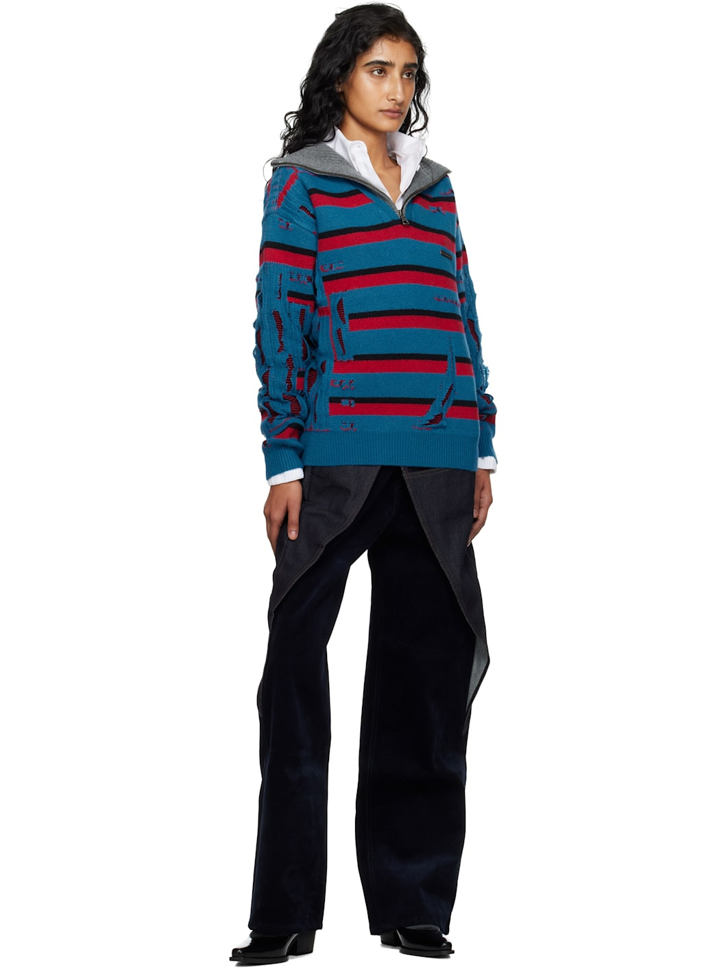 Blue & Red Stripe Jacquard Half Zip-Up Sweater - 4