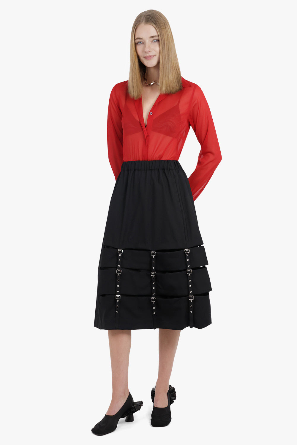 MIDI SKIRT WITH SPLIT SIDE SUSPENDER DETAIL | BLACK - 7