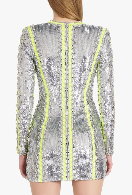 Short silver and lime-green embroidered dress - 9