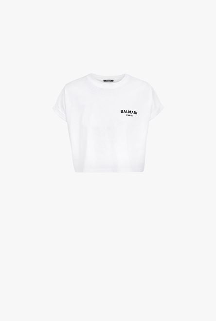 Cropped white cotton T-shirt with flocked black Balmain logo - 1