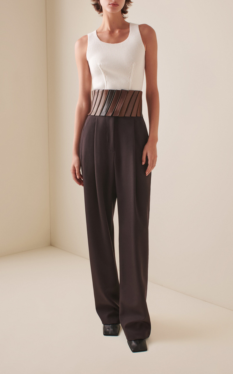 Alaïa Belted Wool Straight-Leg Pants brown outlook