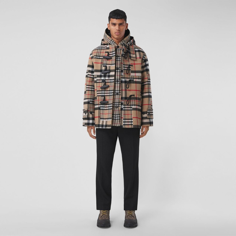 Check Wool Cashmere Oversized Hooded Duffle Coat 6