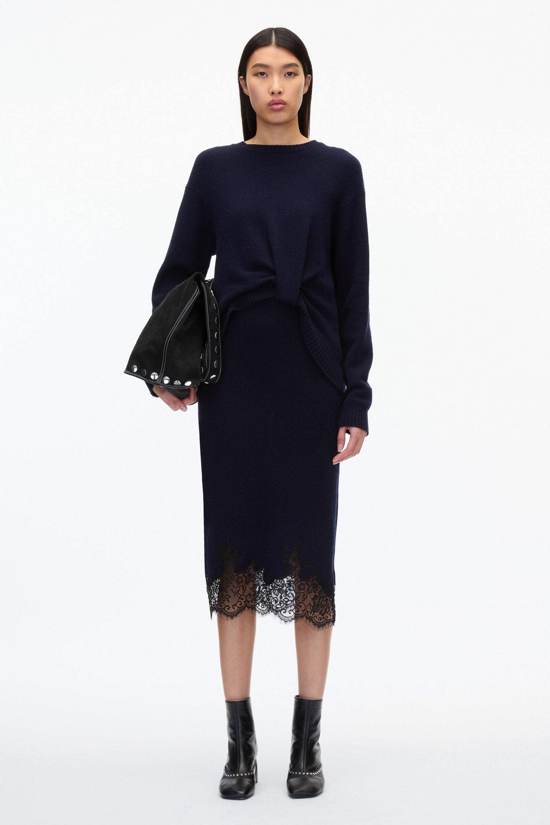 French Tuck Knit Dress with Lace Trim - 1
