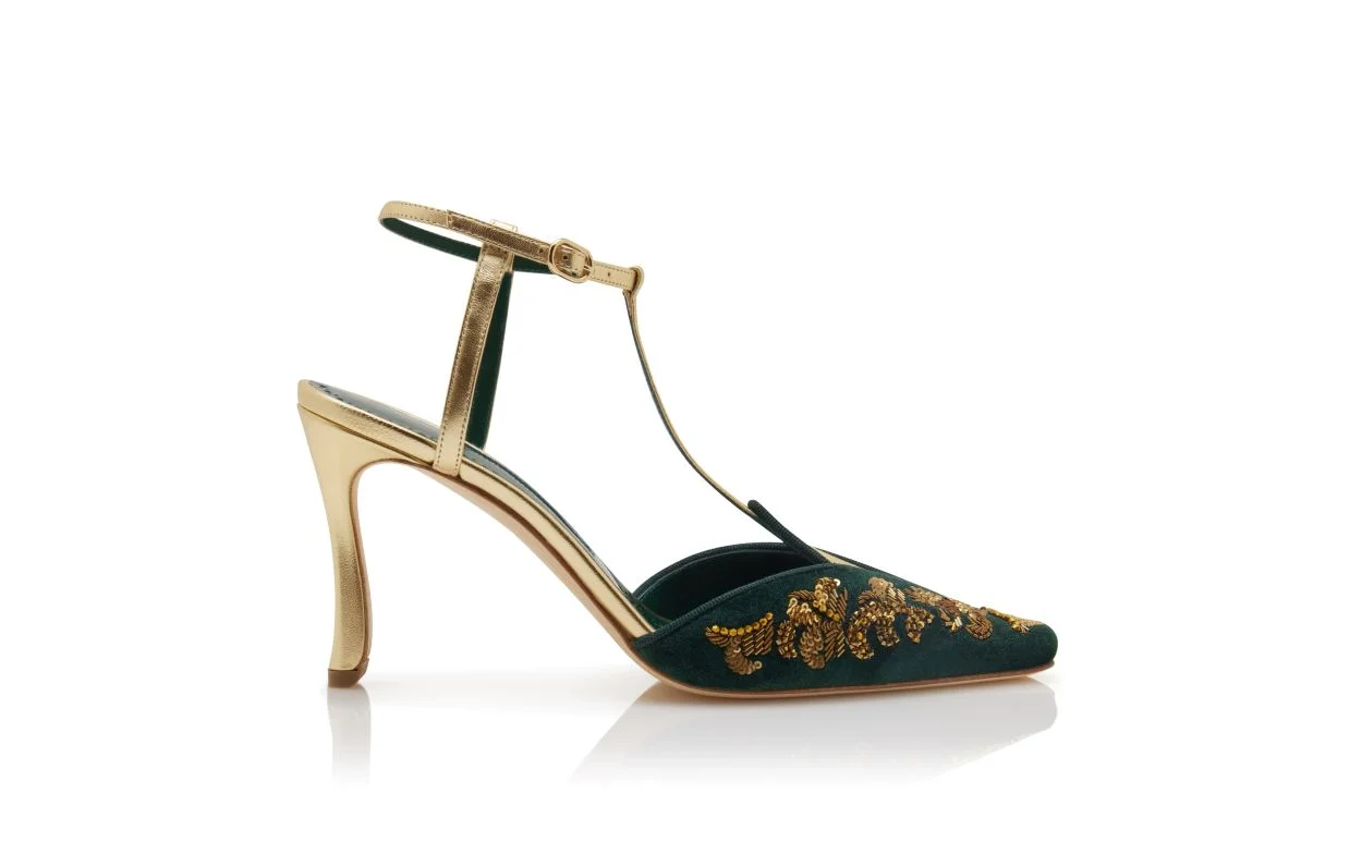 Dark Green Velvet and Gold T-Bar Pumps - 1