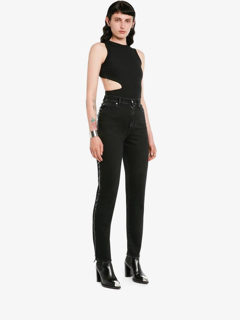 Women's Slashed Ribbed Bodysuit in Black - 3