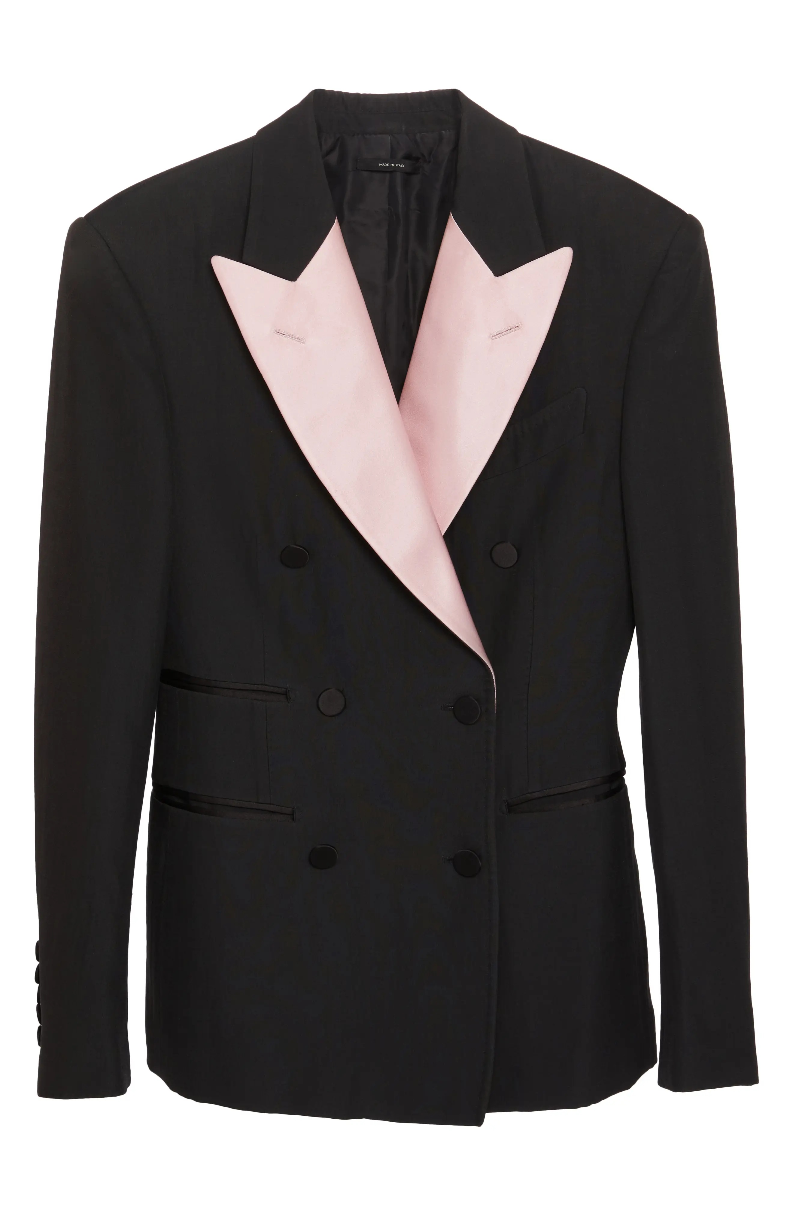 Contrast Lapel Wool & Silk Tuxedo Jacket in Black/Ballet Slipper - 7