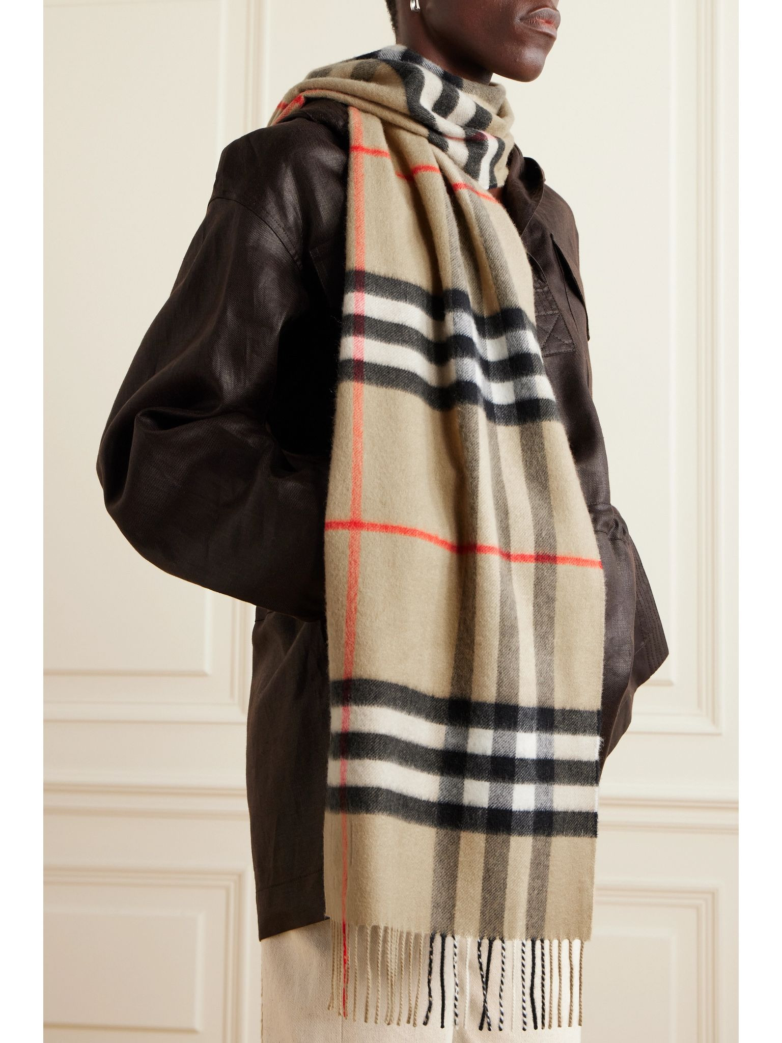 Fringed checked cashmere scarf Brown - 2
