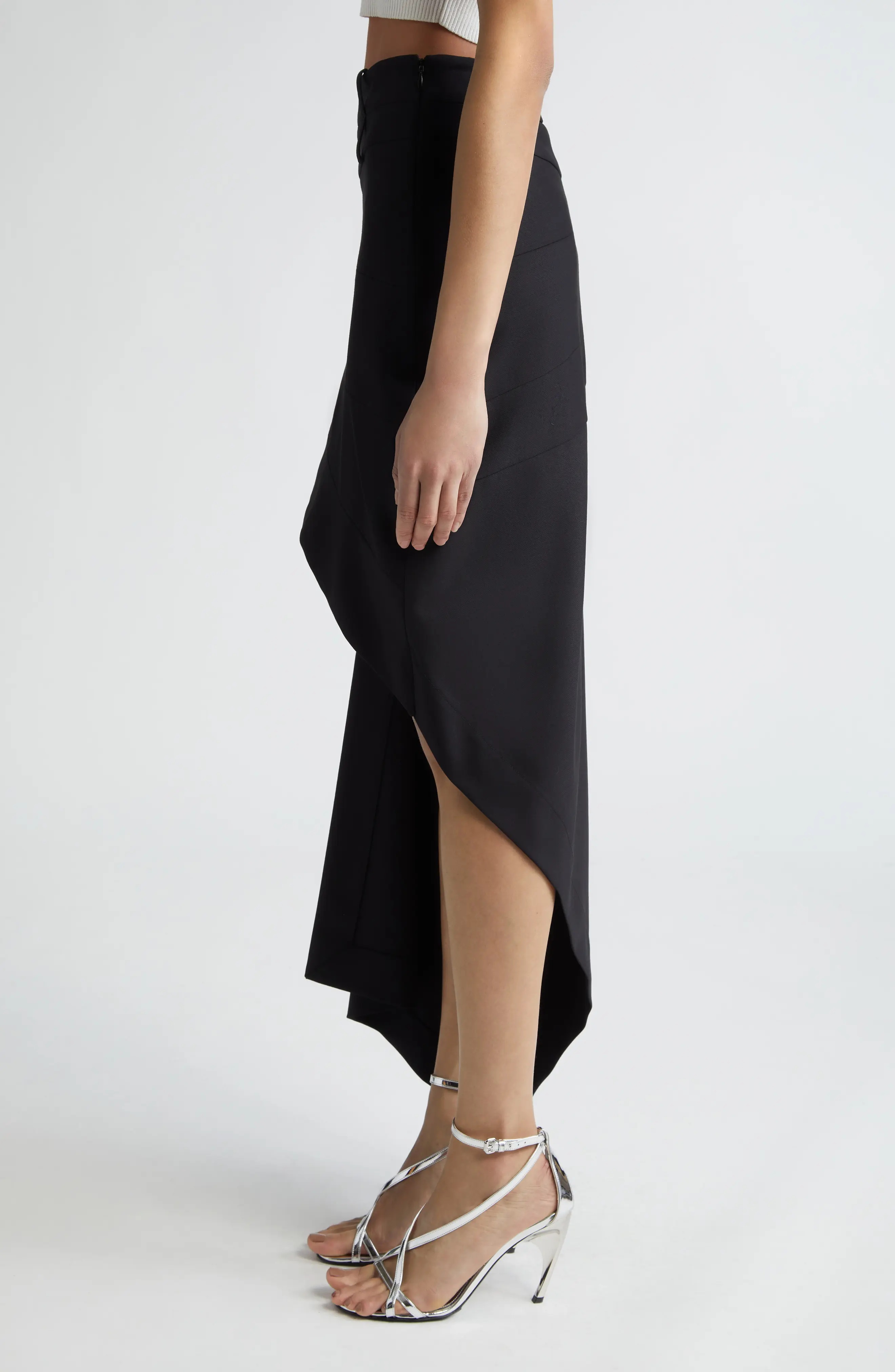 Double Waistband Slashed Stretch Wool Skirt - 4