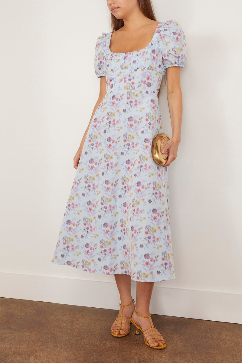 markarian Elora Ikat Puff Sleeve A-Line Midi Dress in Blue and Pink Floral outlook